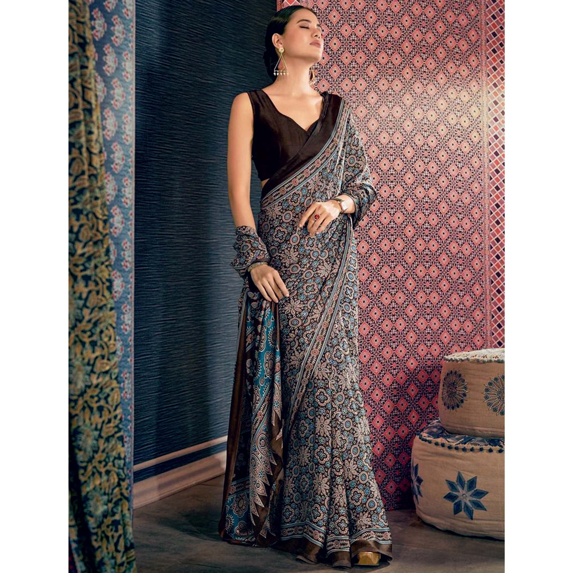 Brown Ajrakh Printed Satin Saree