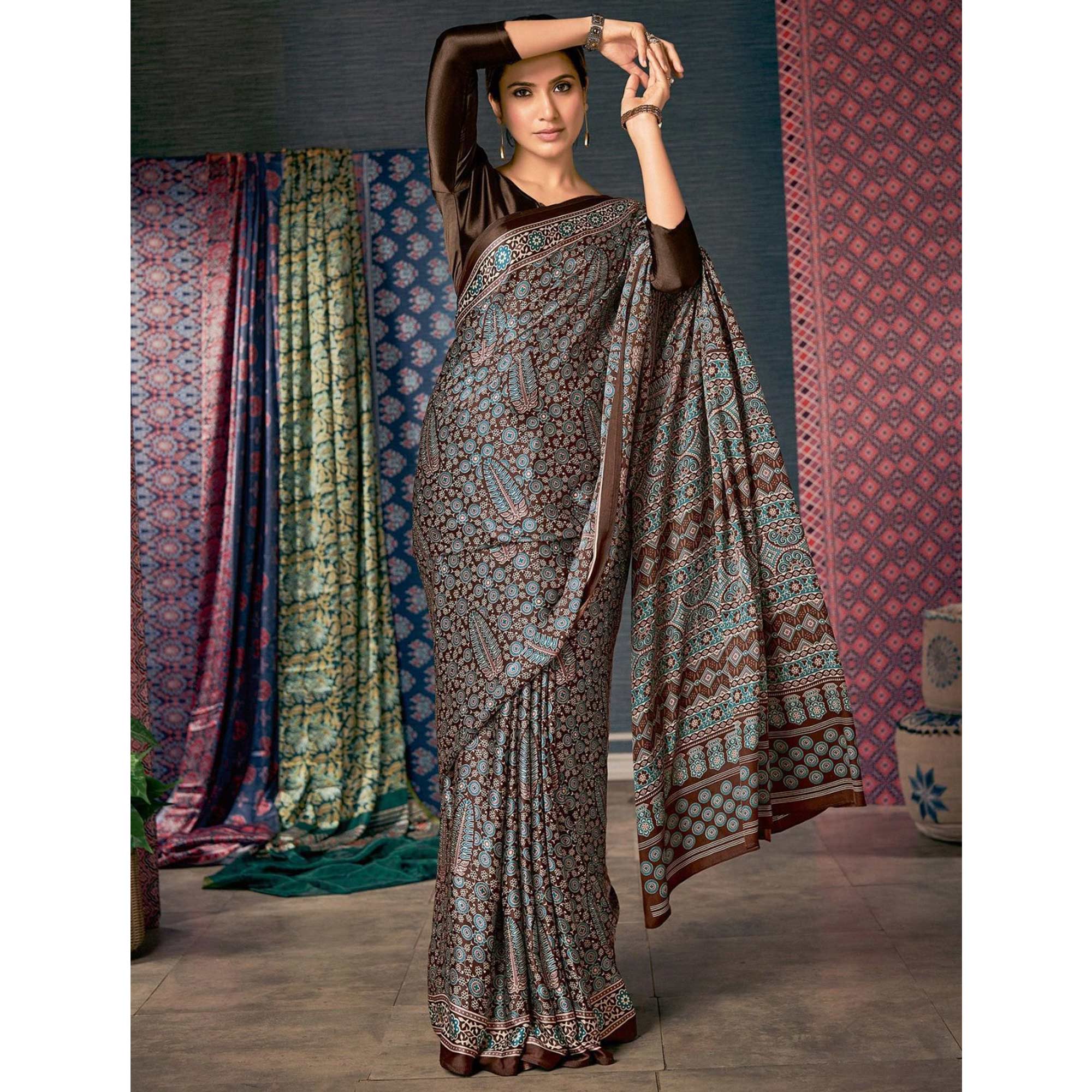 Brown & Blue Ajrakh Printed Satin Saree