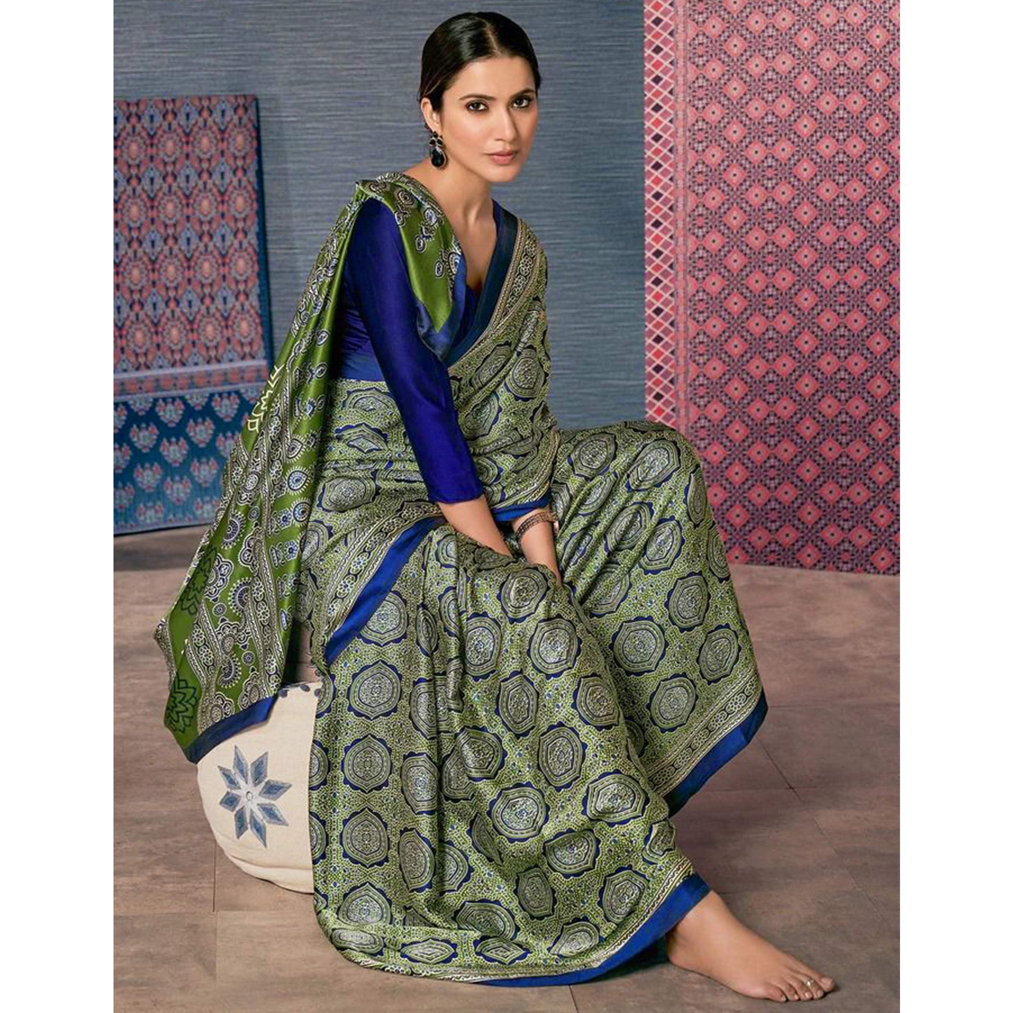 Green Ajrakh Printed Satin Saree