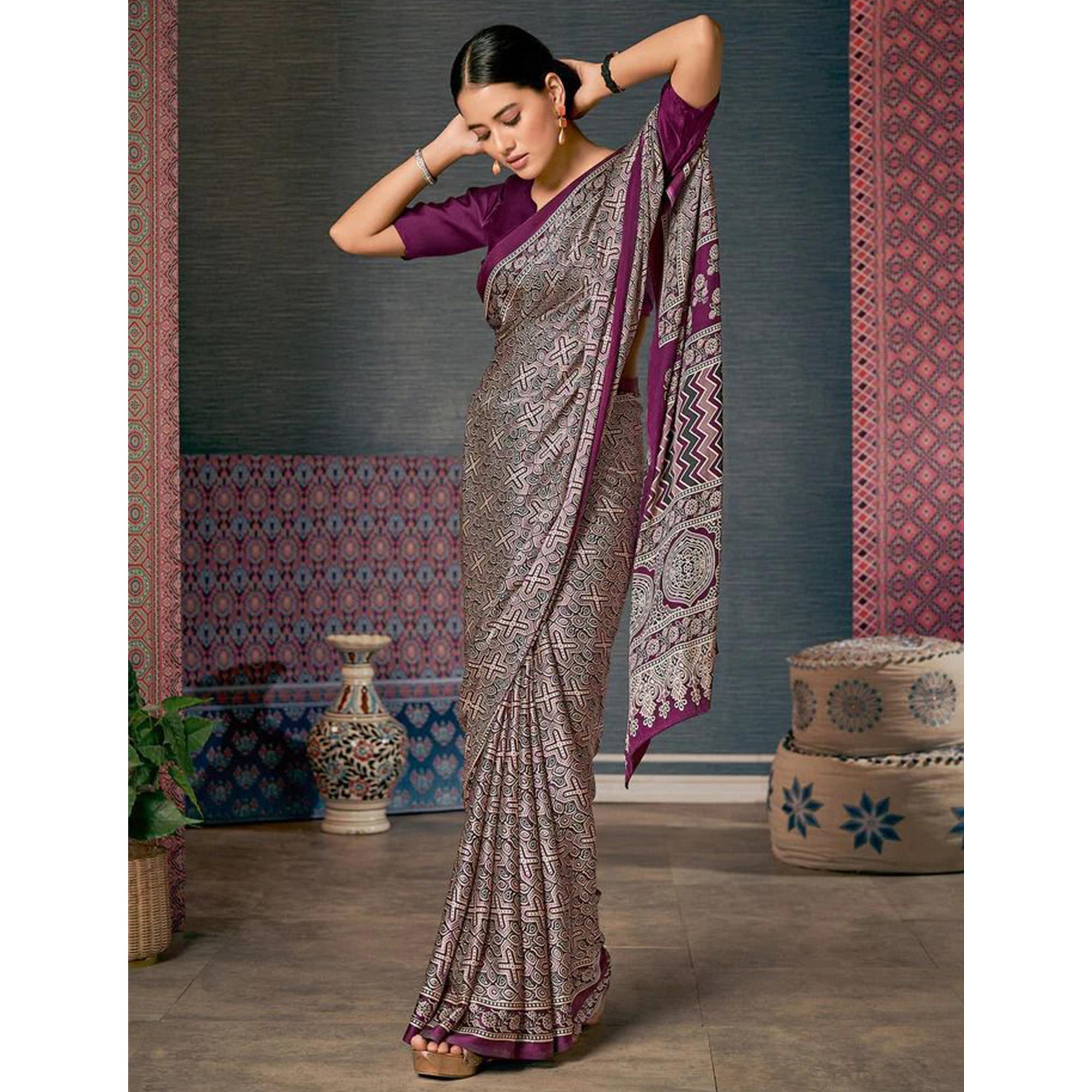 Magenta Ajrakh Printed Satin Saree