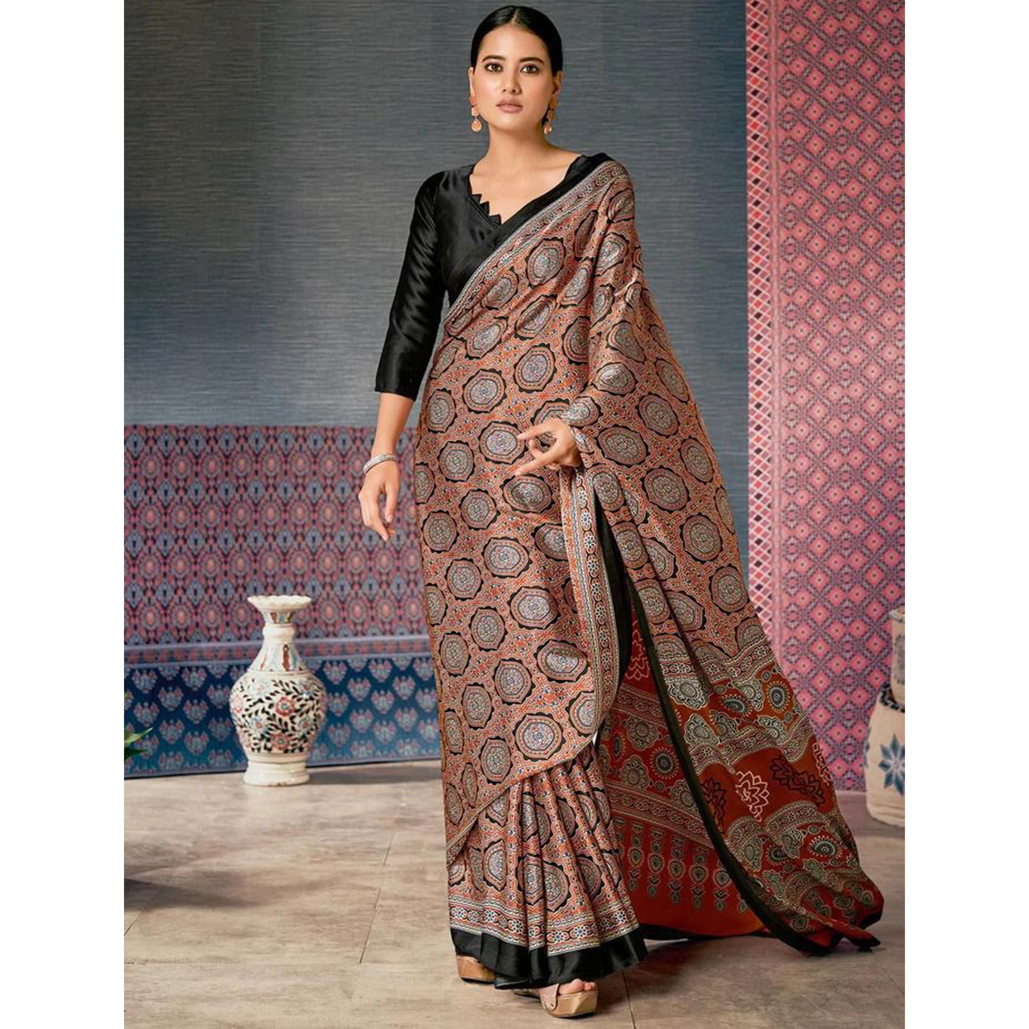 Rust Ajrakh Printed Satin Saree