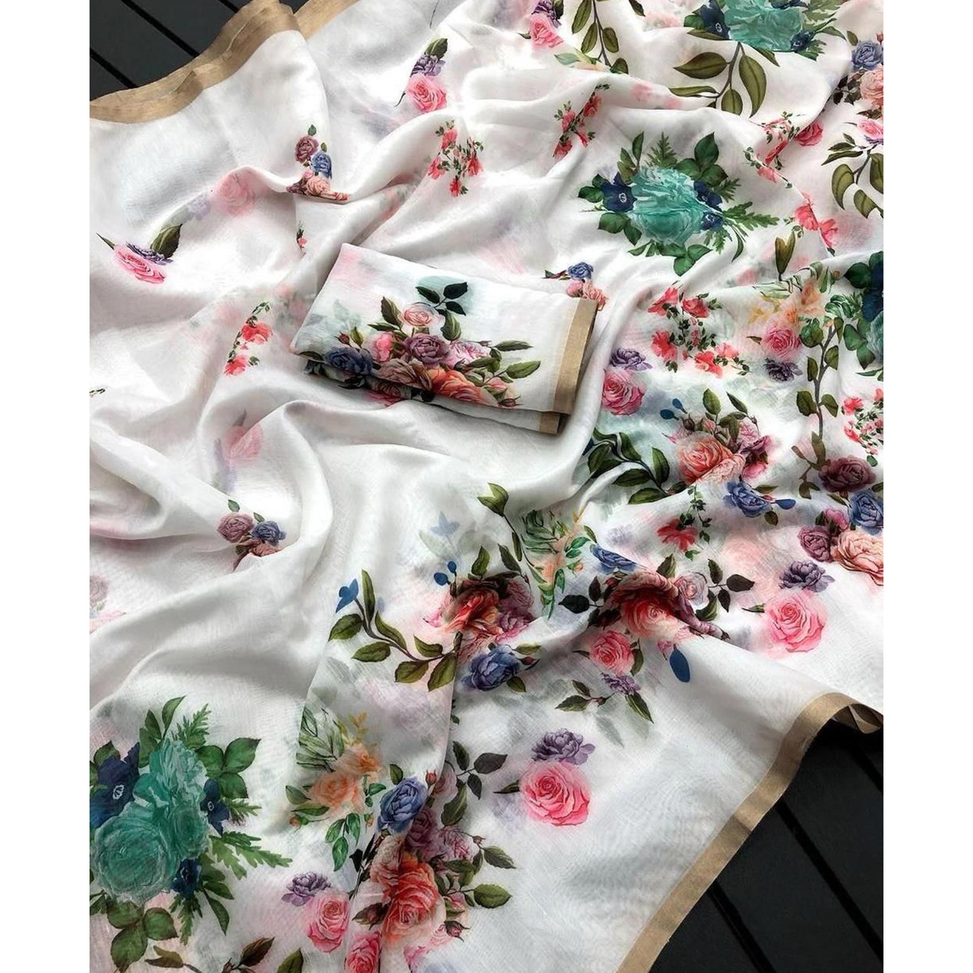 White Floral Printed Chanderi Saree