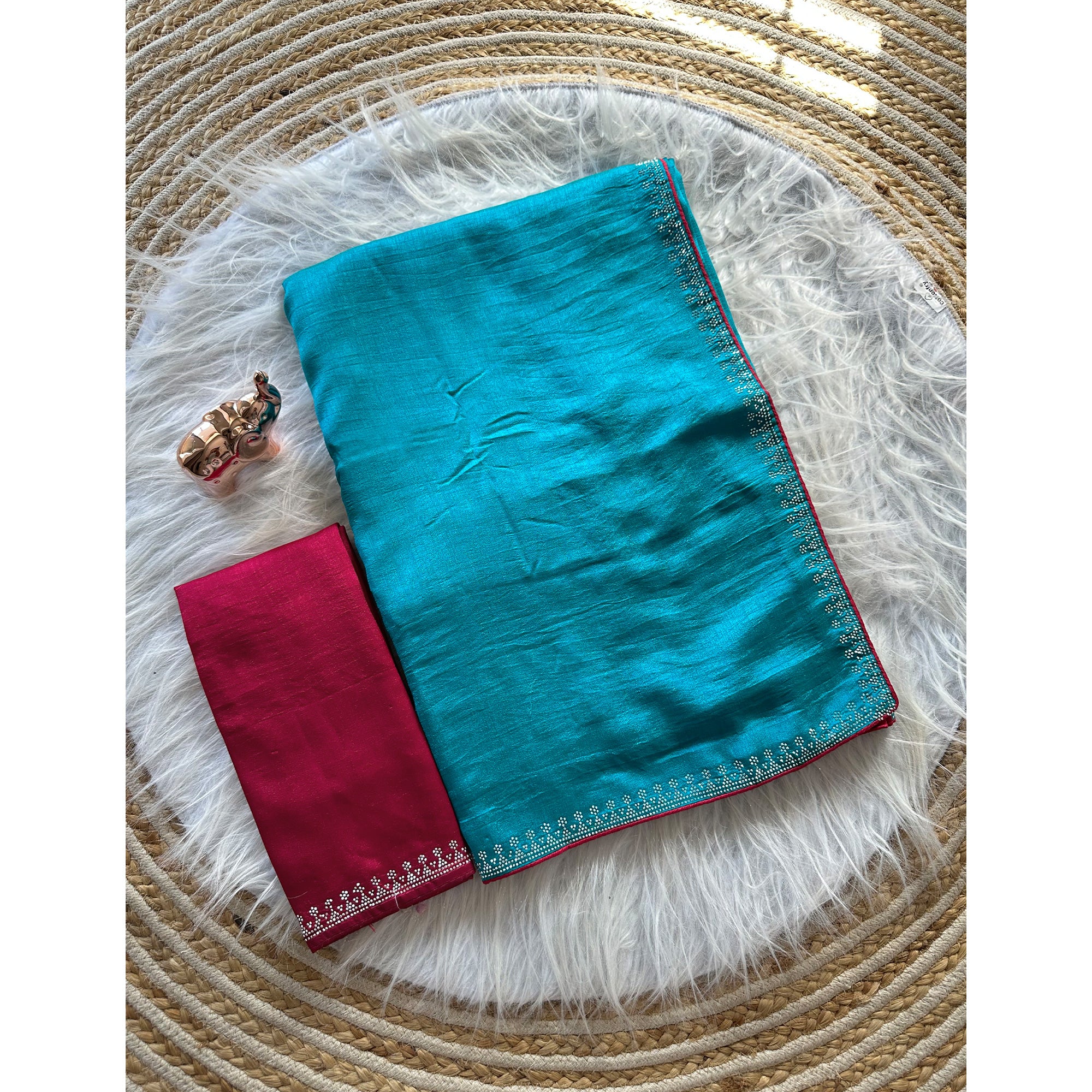 Turquoise Partywear Vichitra Silk Saree Featuring Exquisite Swarovski Stone Work