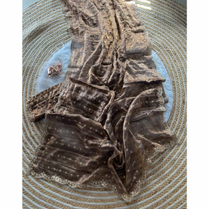 Elegant Dusty Brown Silk Saree Adorned With Floral Sequins Embroidery & Cutwork Zari Border