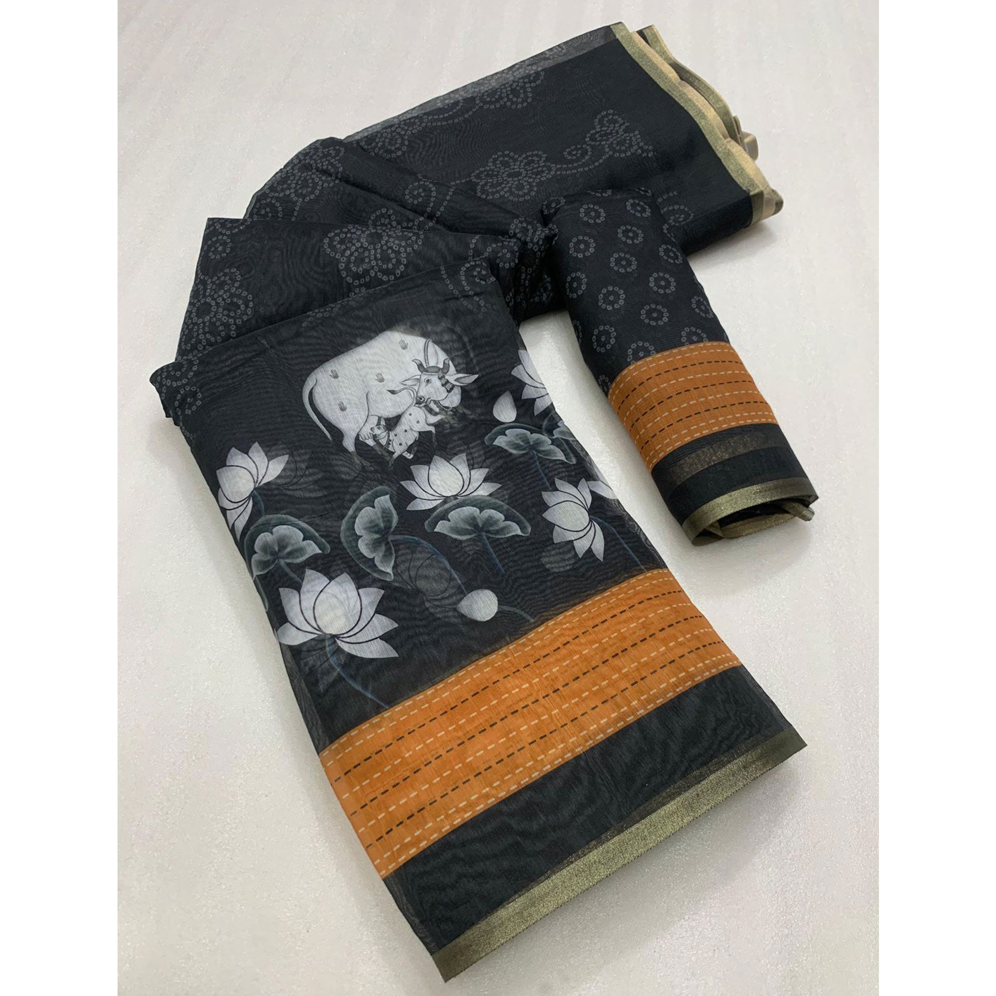 Black & Brown Printed Chanderi Saree