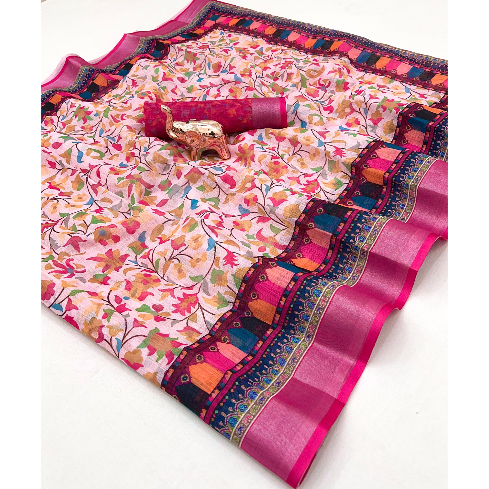 Soft & Comfortable Light Pink Linen Saree with Modern Printed Styling