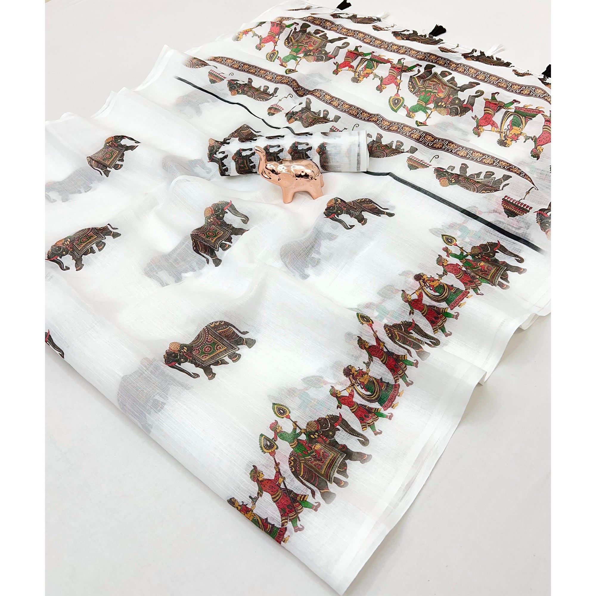 Soft & Comfortable White Linen Saree with Modern Printed Styling