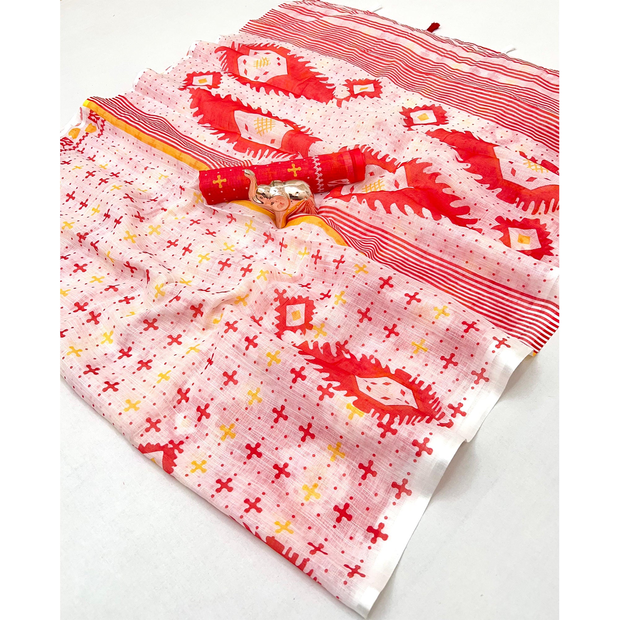 Soft & Comfortable White & Red Linen Saree with Modern Printed Styling