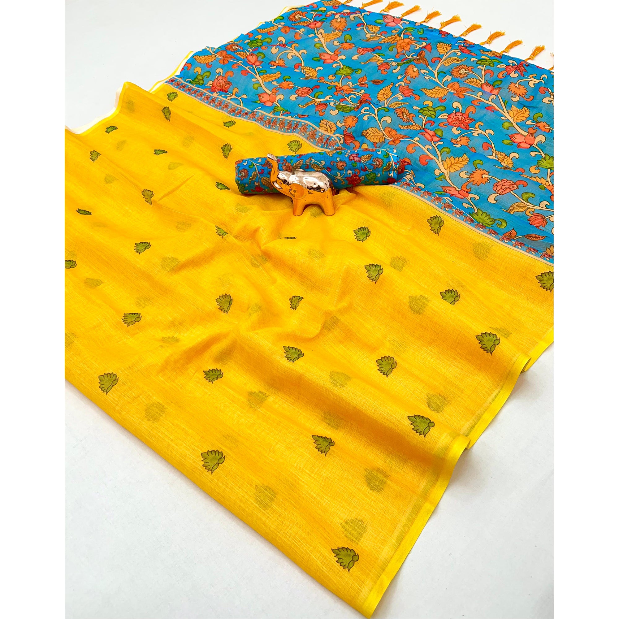 Soft & Comfortable Yellow Linen Saree with Modern Printed Styling