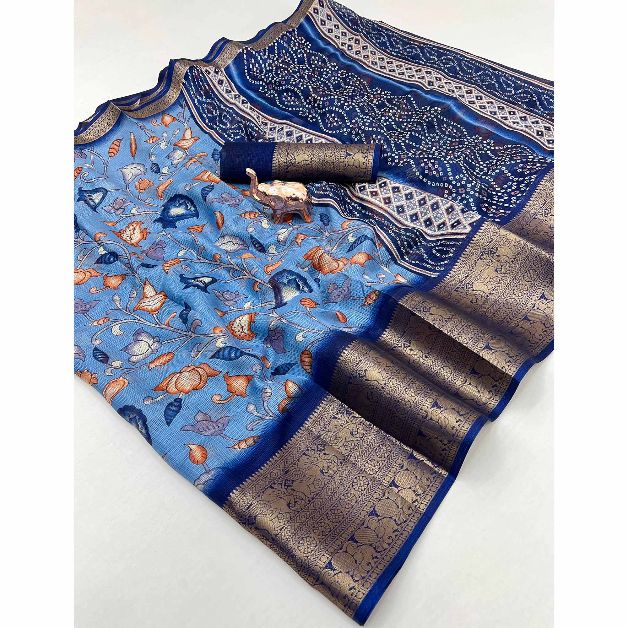 Blue Kashmiri Floral Printed Kota Doria Saree With Bandhani Pallu & Rich Zari Weaving Border