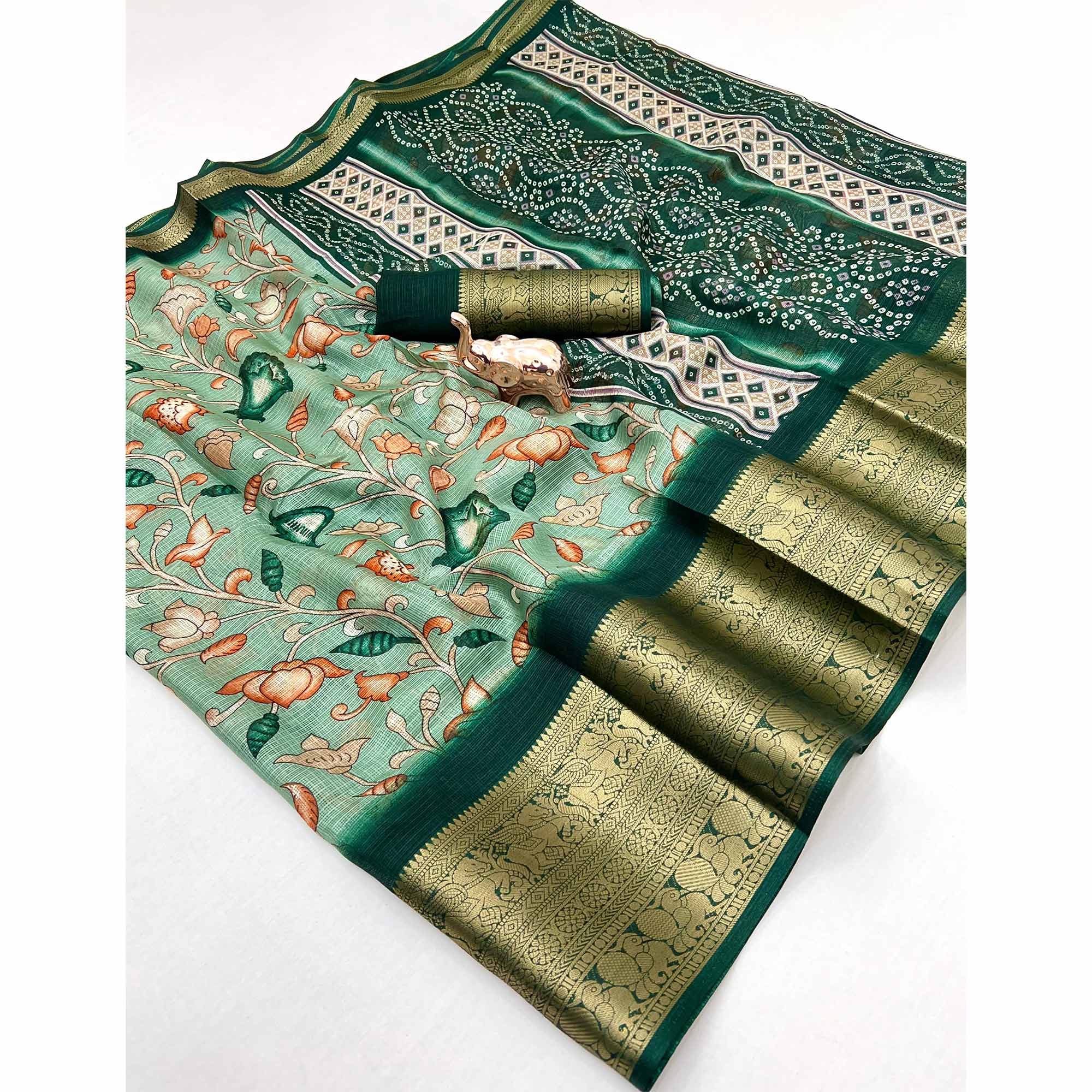 Green Kashmiri Floral Printed Kota Doria Saree With Bandhani Pallu & Rich Zari Weaving Border