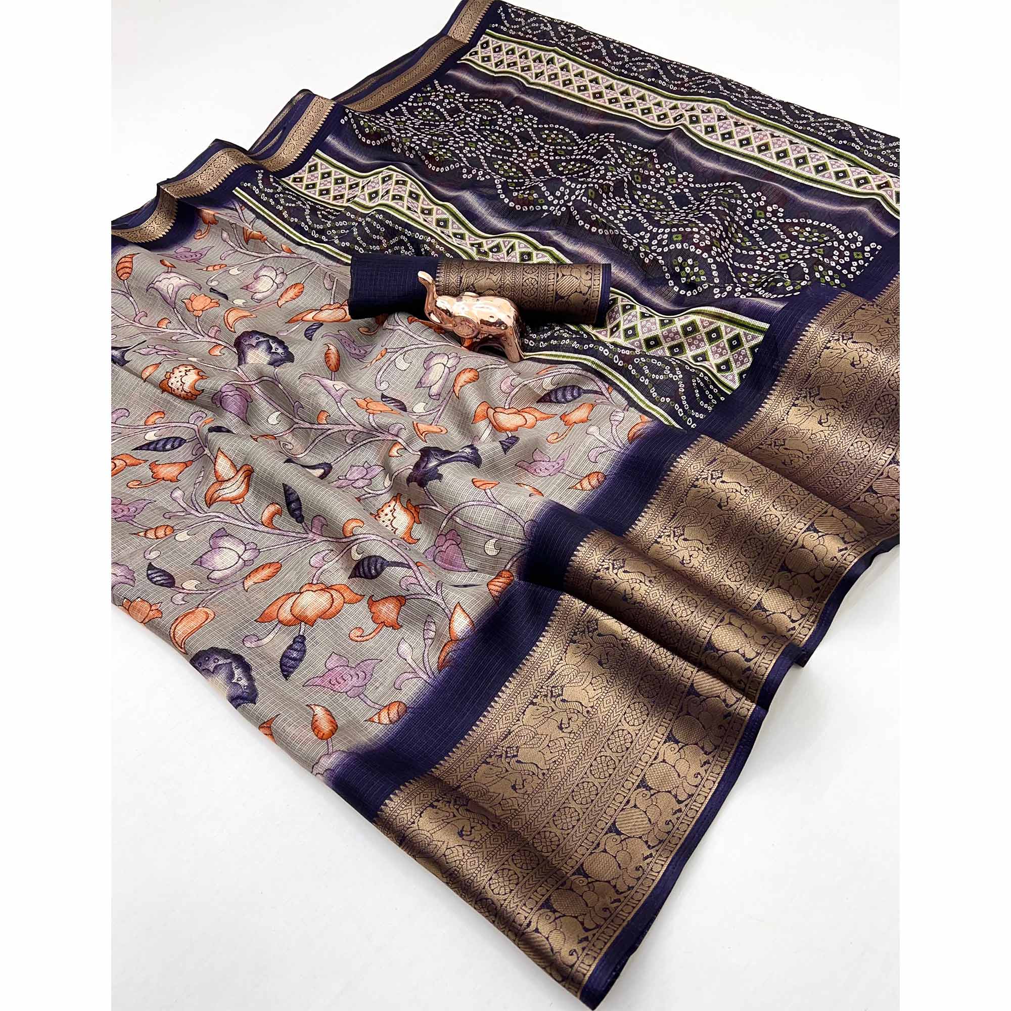 Grey Kashmiri Floral Printed Kota Doria Saree With Bandhani Pallu & Rich Zari Weaving Border