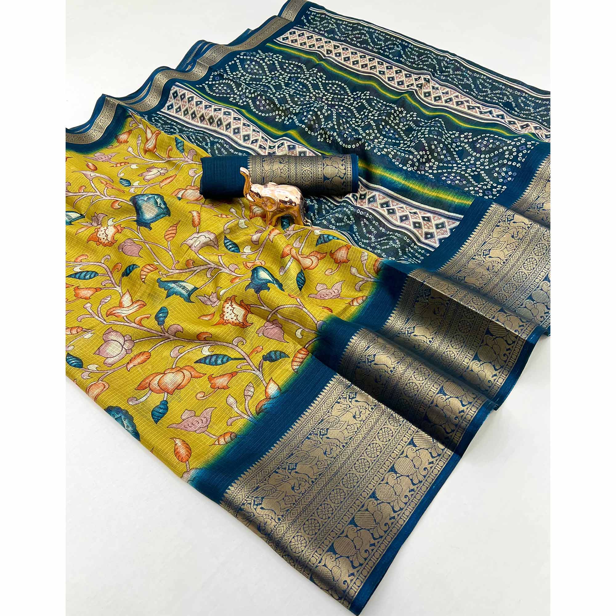 Mustard Kashmiri Floral Printed Kota Doria Saree With Bandhani Pallu & Rich Zari Weaving Border