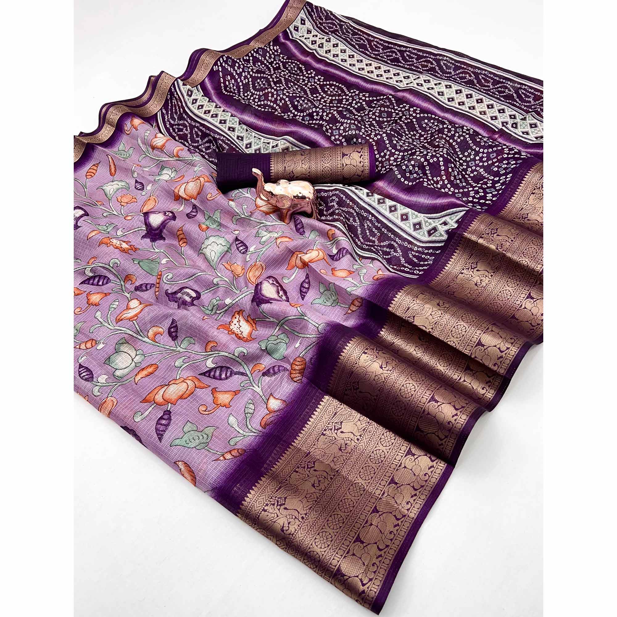 Purple Kashmiri Floral Printed Kota Doria Saree With Bandhani Pallu & Rich Zari Weaving Border