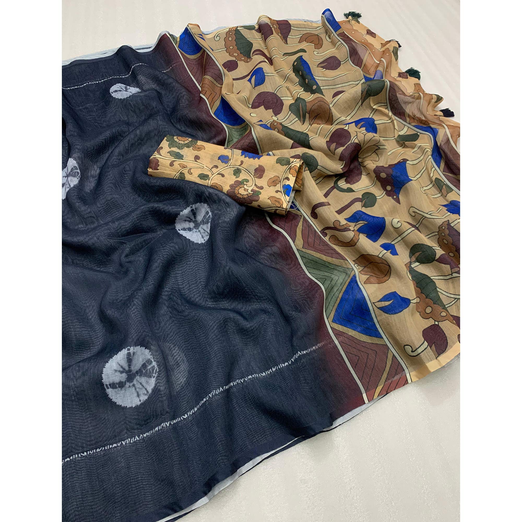 Black Batik Printed Linen Saree