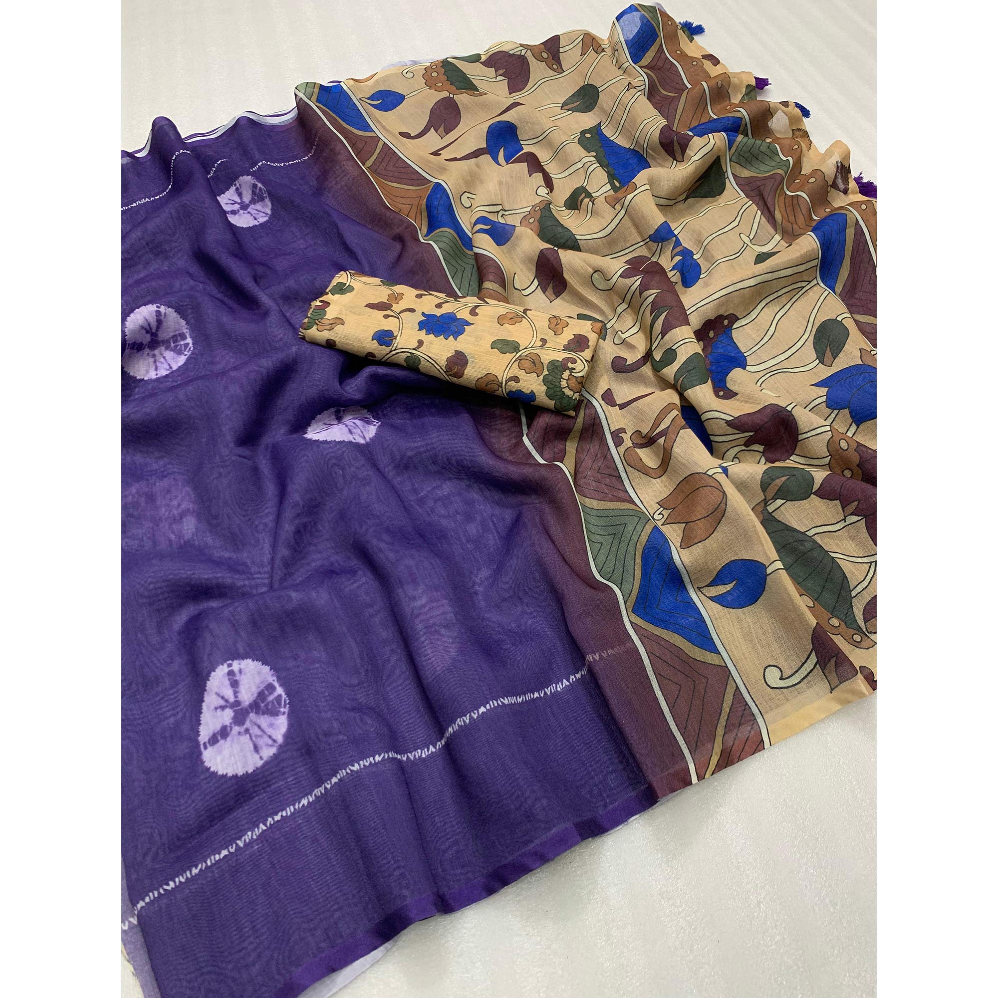 Purple Batik Printed Linen Saree