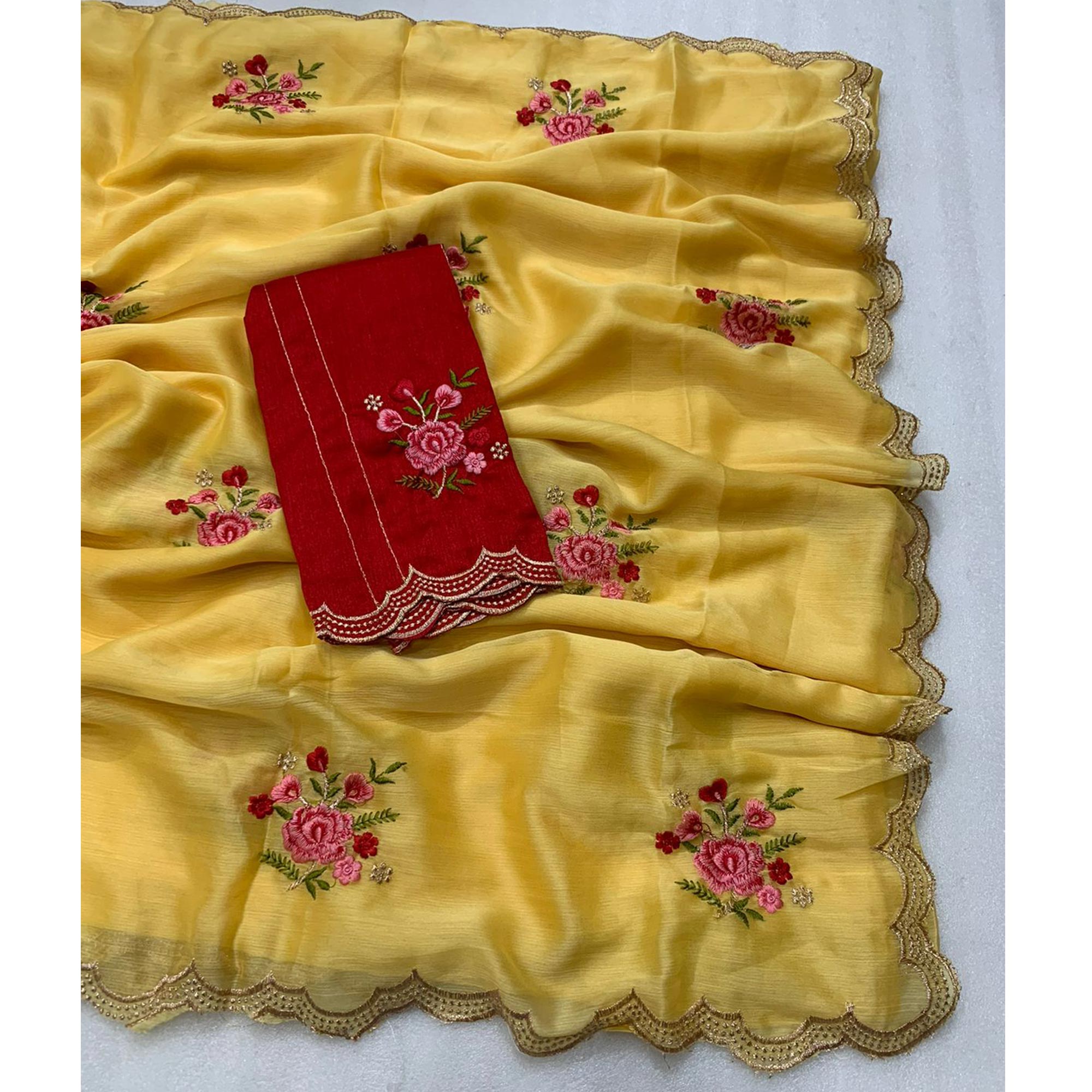 Yellow Floral Embroidered Chiffon Saree