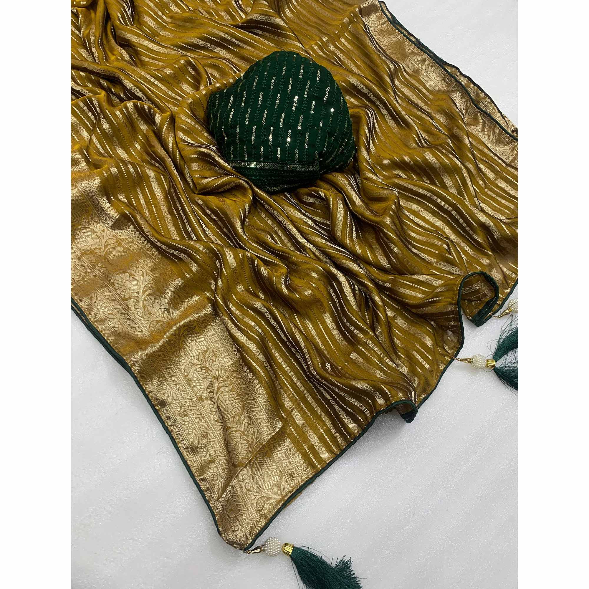 Mustard Woven Georgette Saree With Tassels