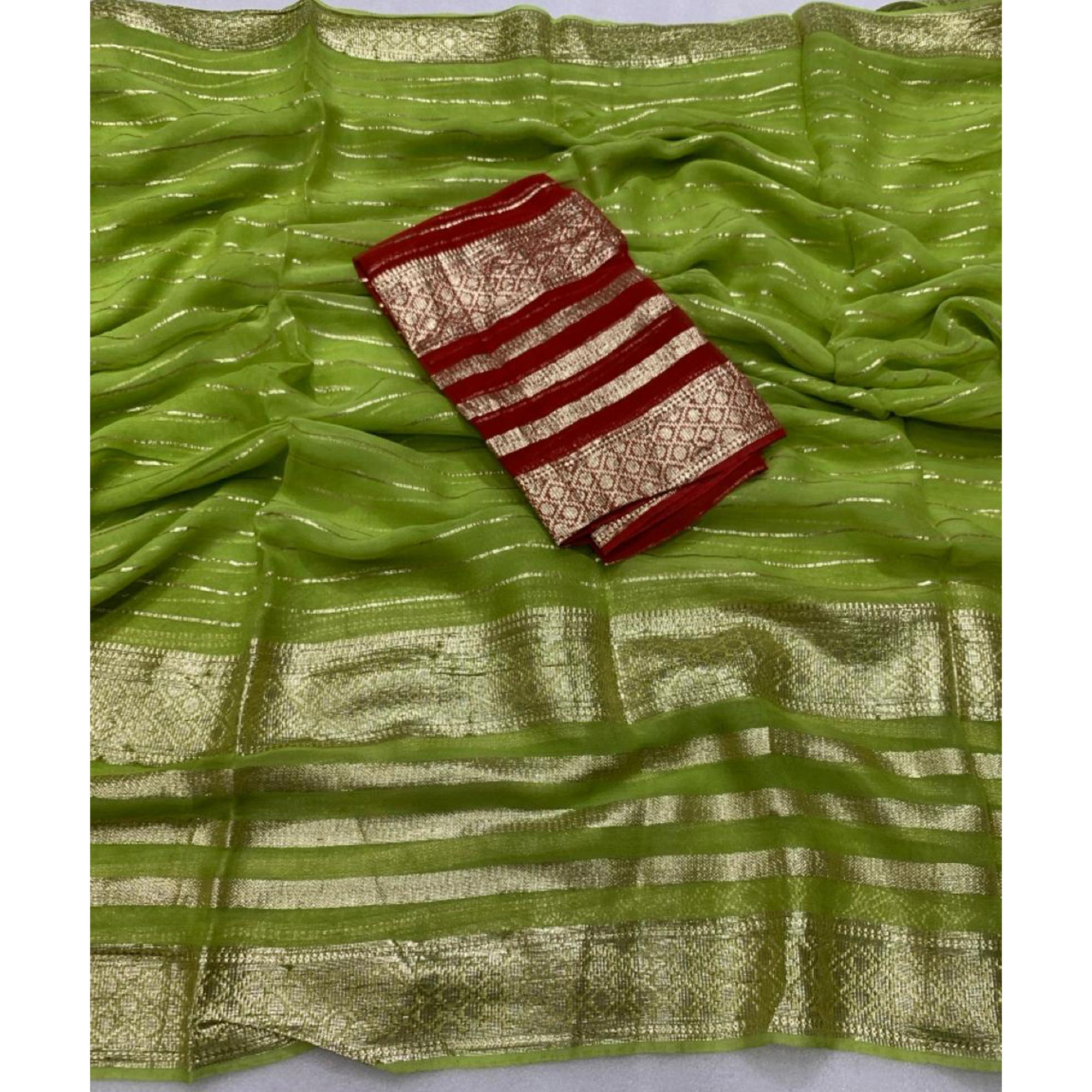 Green Striped Zari Woven Viscose Saree