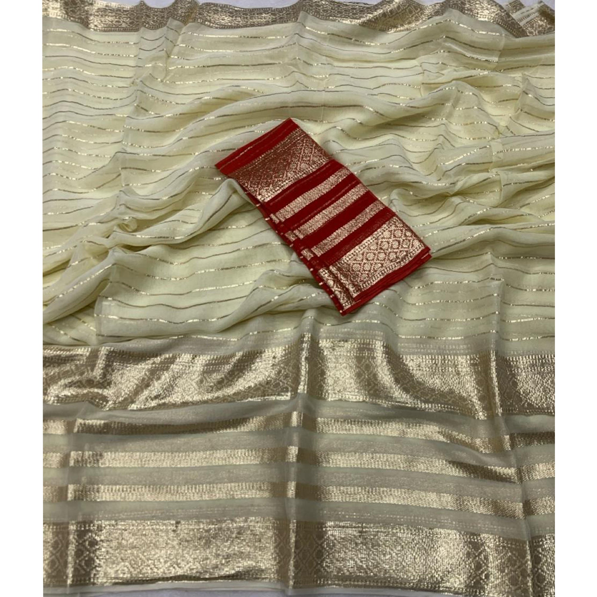 Offwhite & Red Striped Zari Woven Viscose Saree