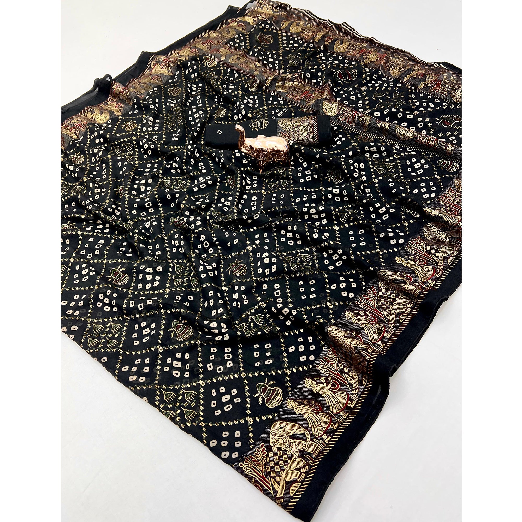 Elegant Black Bandhani Foil Printed Georgette Saree Highlighted With Soft Tassel Pallu