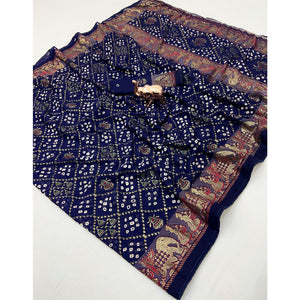Elegant Navy Blue Bandhani Foil Printed Georgette Saree Highlighted With Soft Tassel Pallu