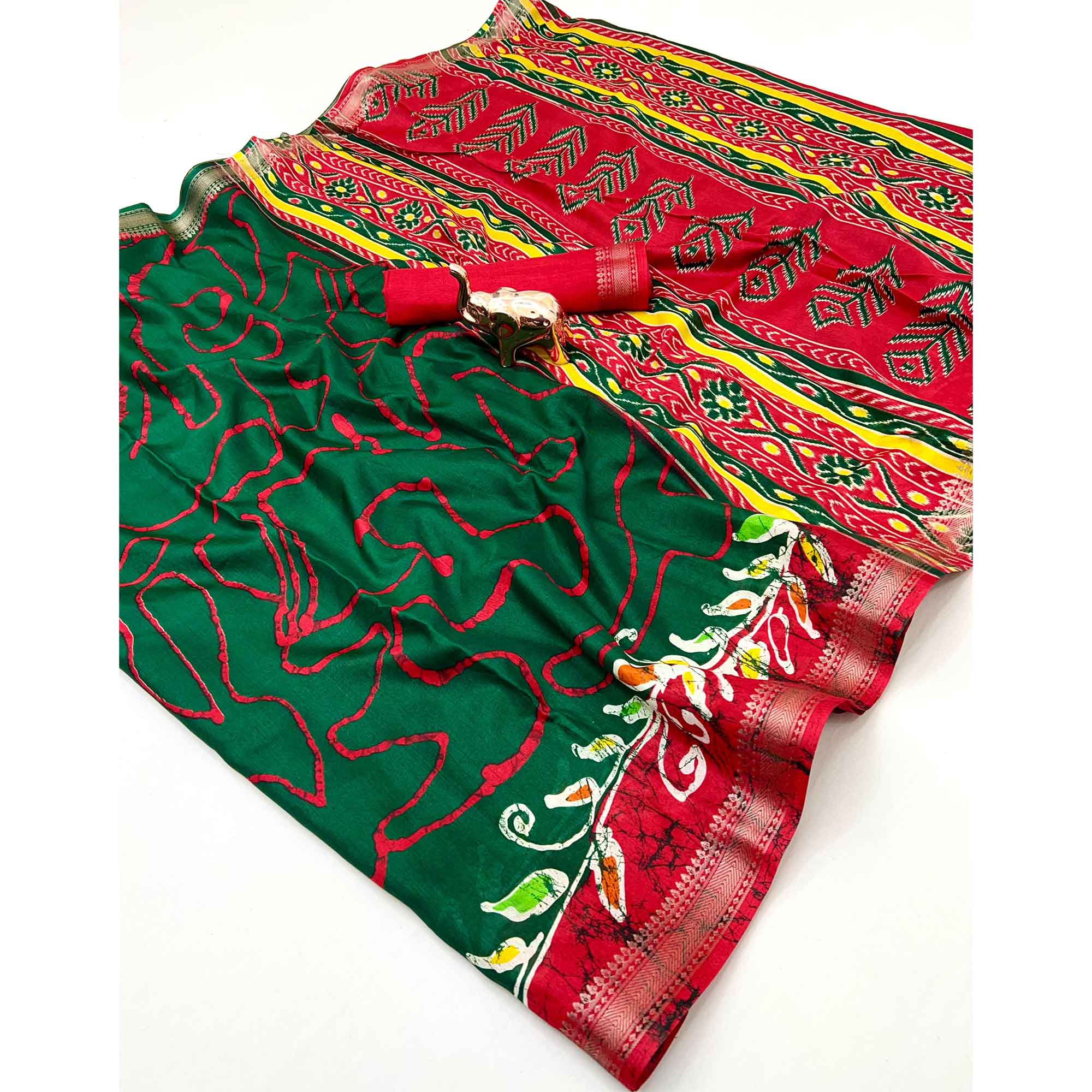 Majestic Green Batik Abstract Printed Cotton Blend Saree With Elegant Zari Weaving Border