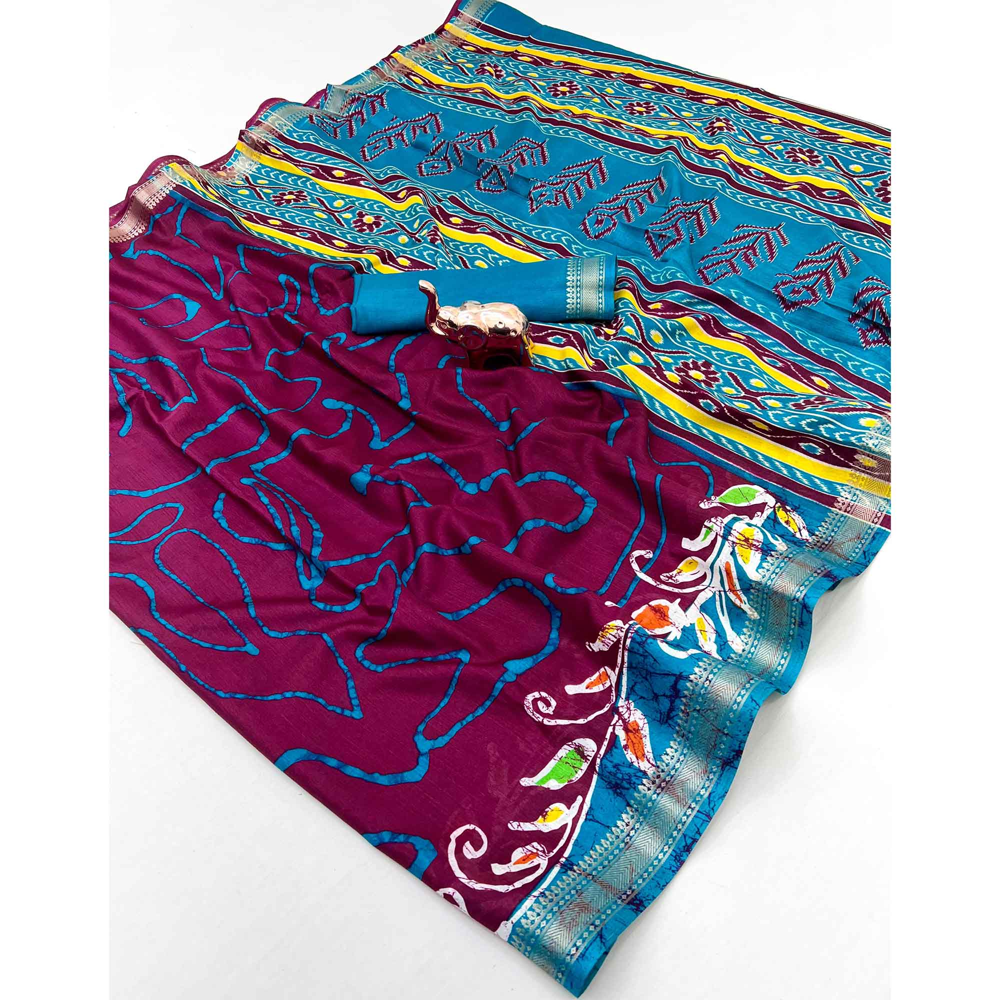 Majestic Wine Batik Abstract Printed Cotton Blend Saree With Elegant Zari Weaving Border