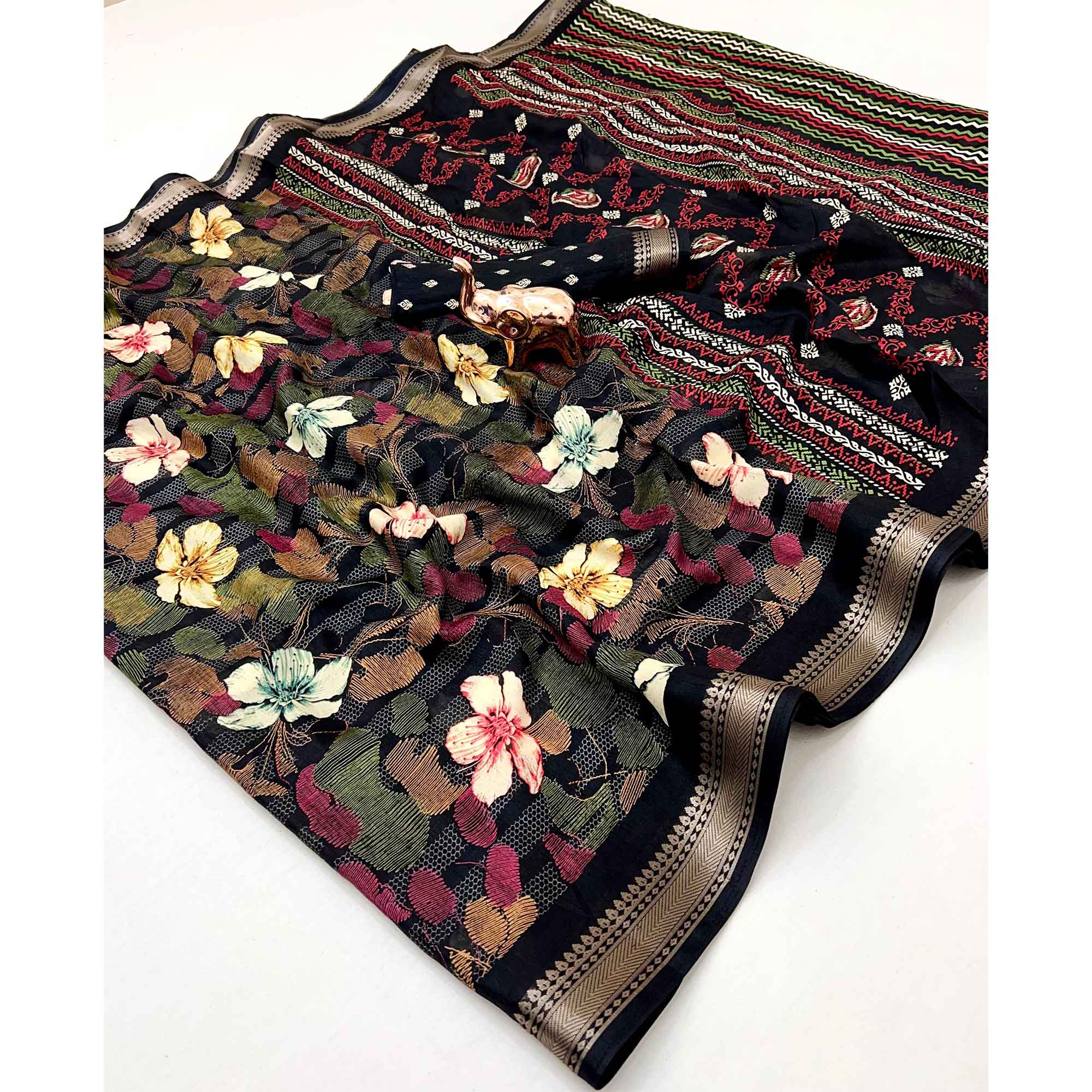 Classic Black Floral Printed Cotton Blend Saree With Elegant Zari Weaving Border