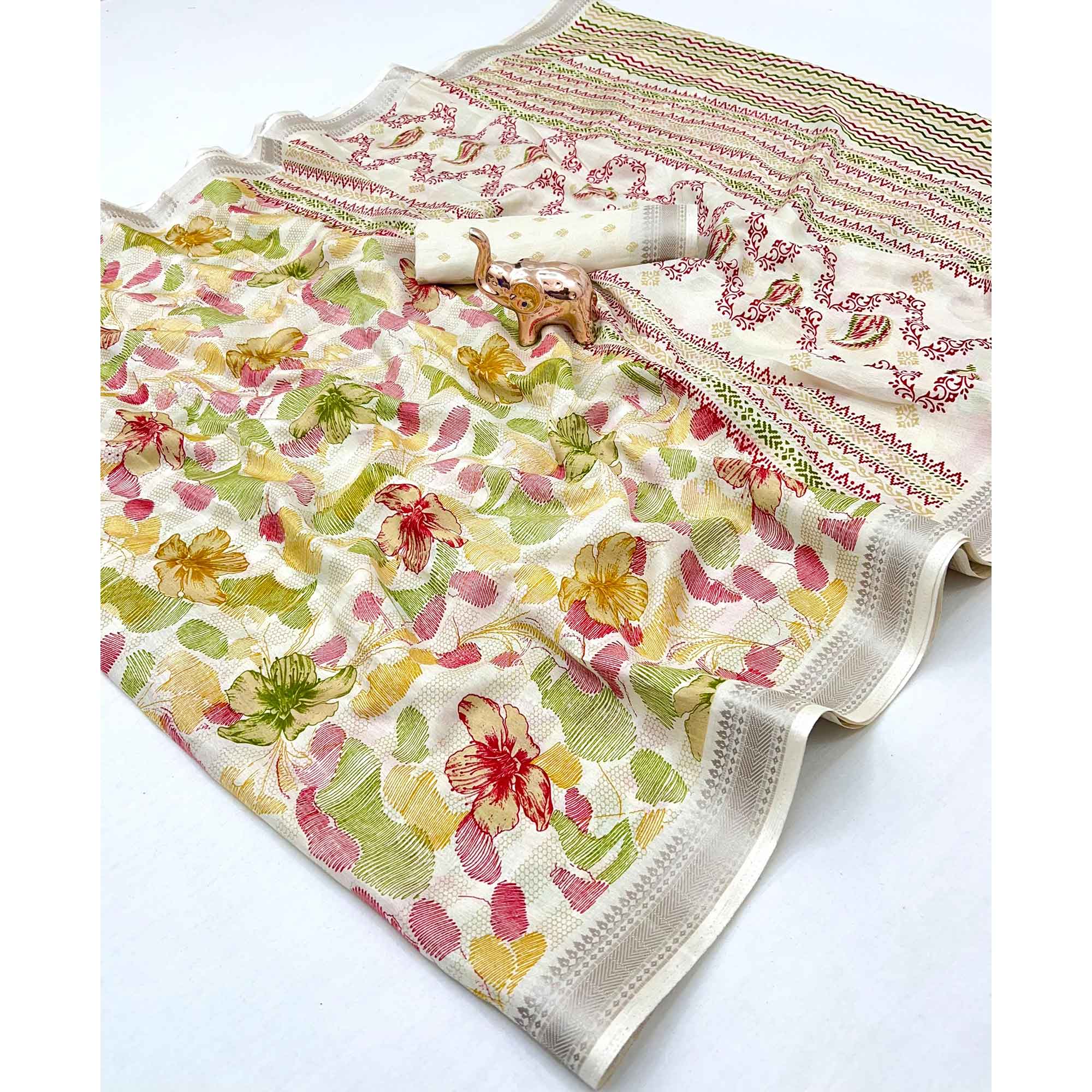 Classic Cream Floral Printed Cotton Blend Saree With Elegant Zari Weaving Border