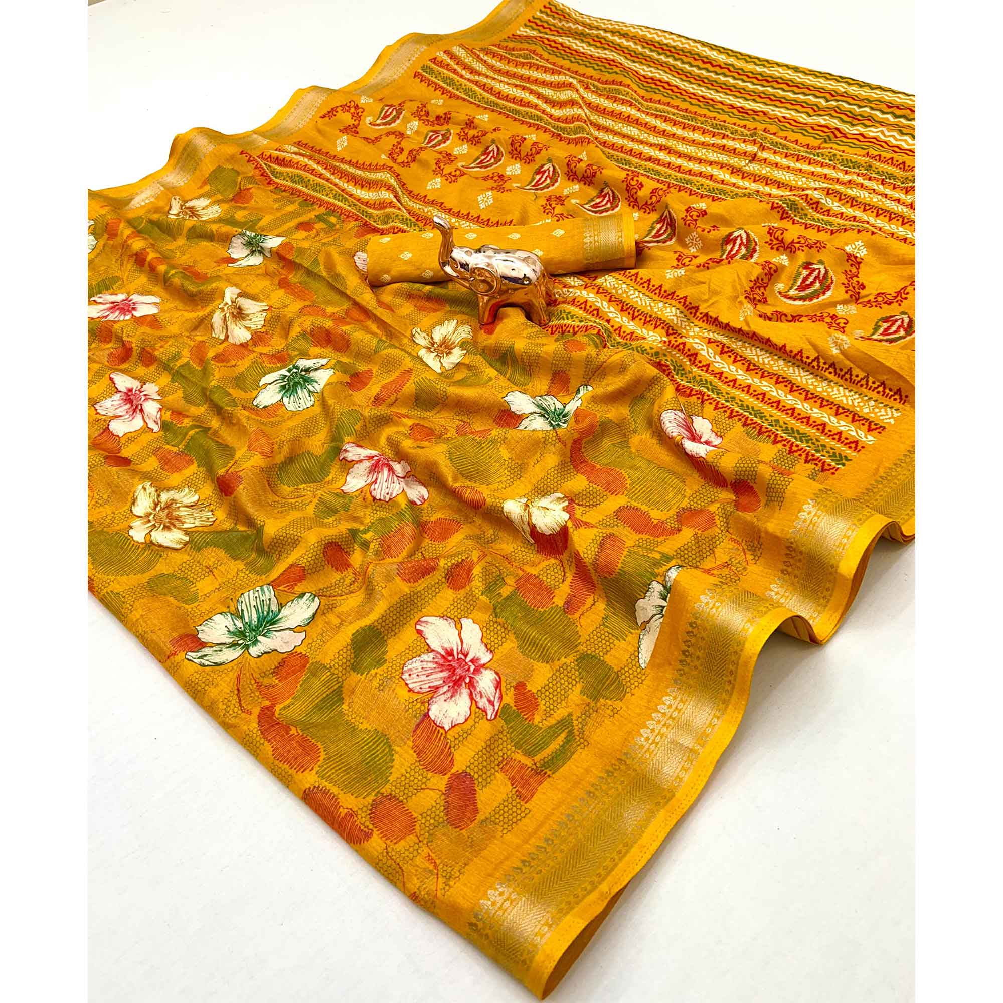 Classic Mustard Floral Printed Cotton Blend Saree With Elegant Zari Weaving Border