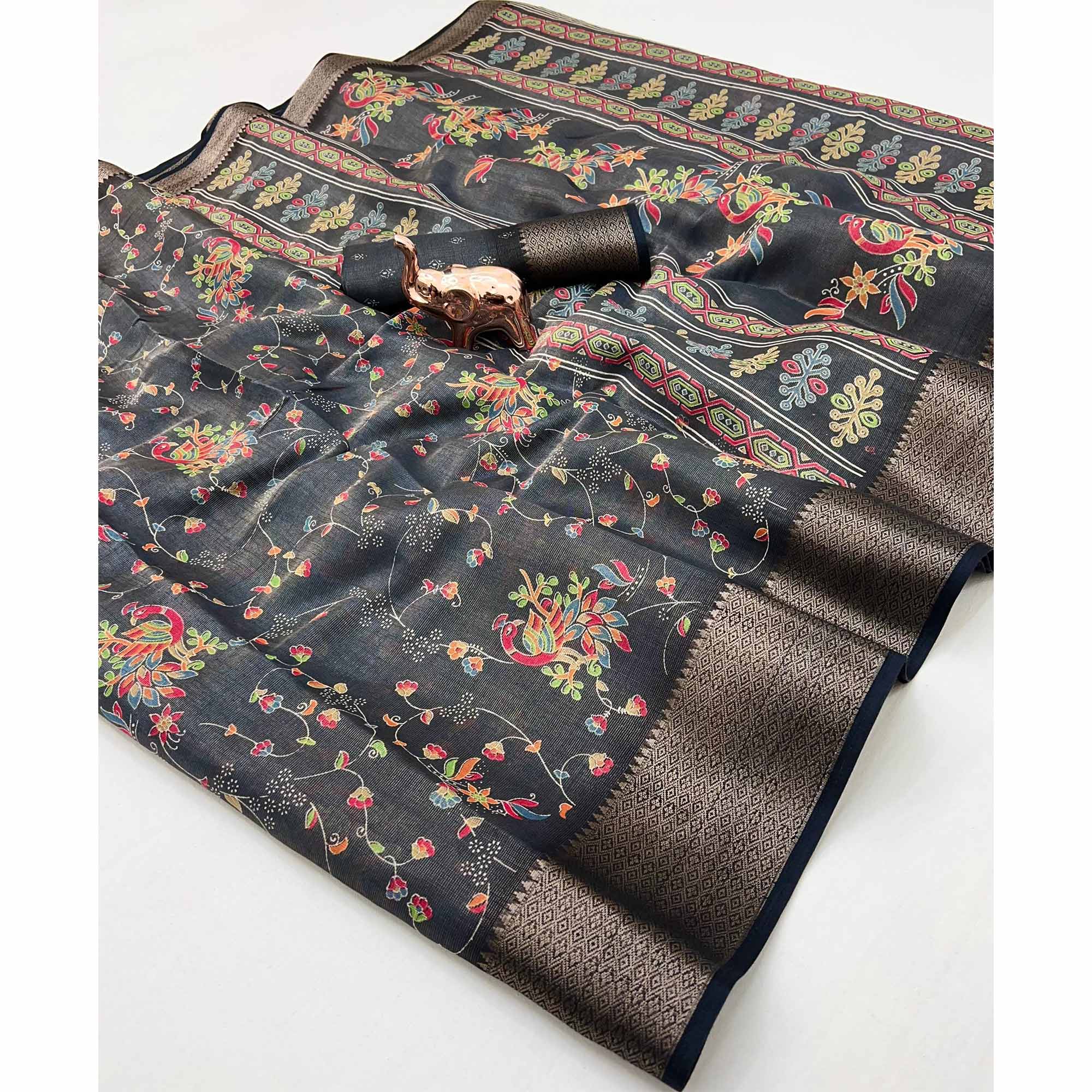 Black Floral Printed Cotton Blend Saree With Zari Woven Border
