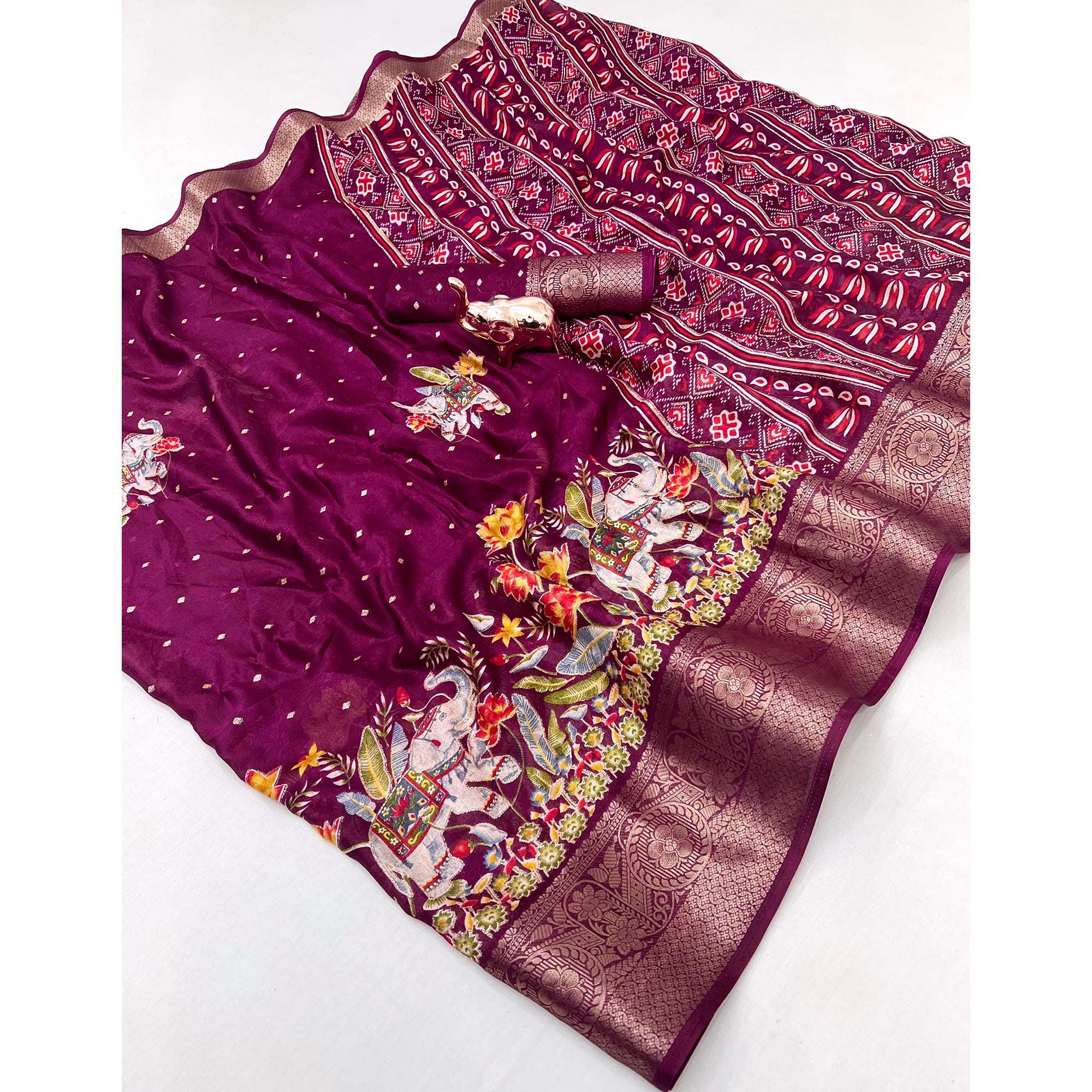 Elegant Wine Elephant & Floral Printed Georgette Saree Accented With Gleaming Weaving Zari Border