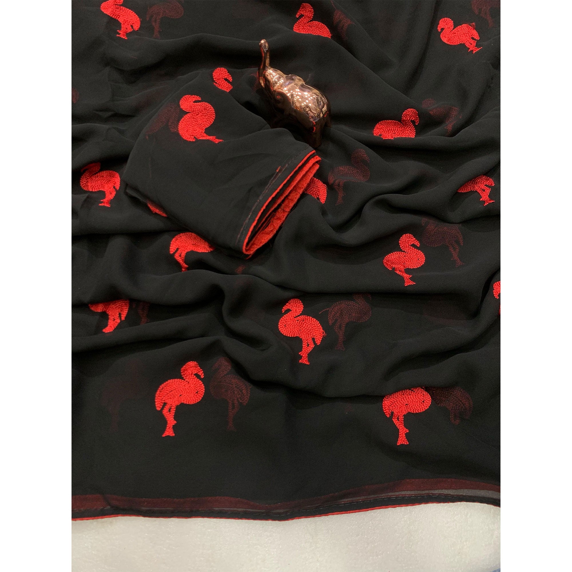 Black Georgette Saree With Intricate Bird Pattern Thread Embroidery