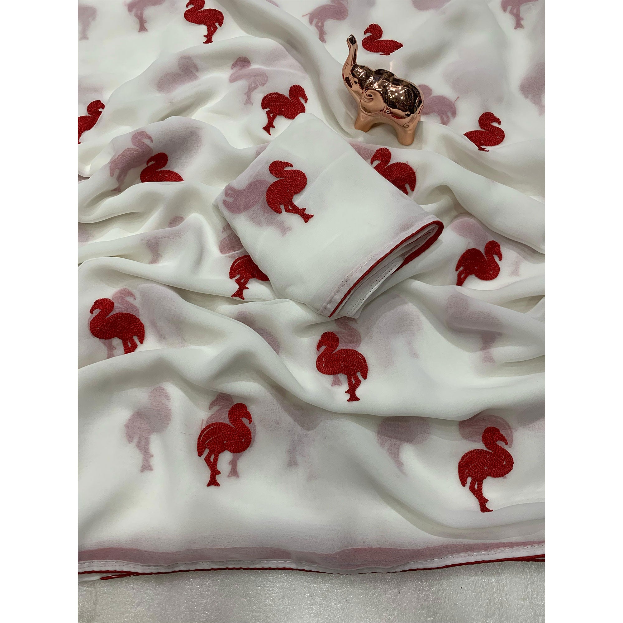 White Georgette Saree With Intricate Bird Pattern Thread Embroidery