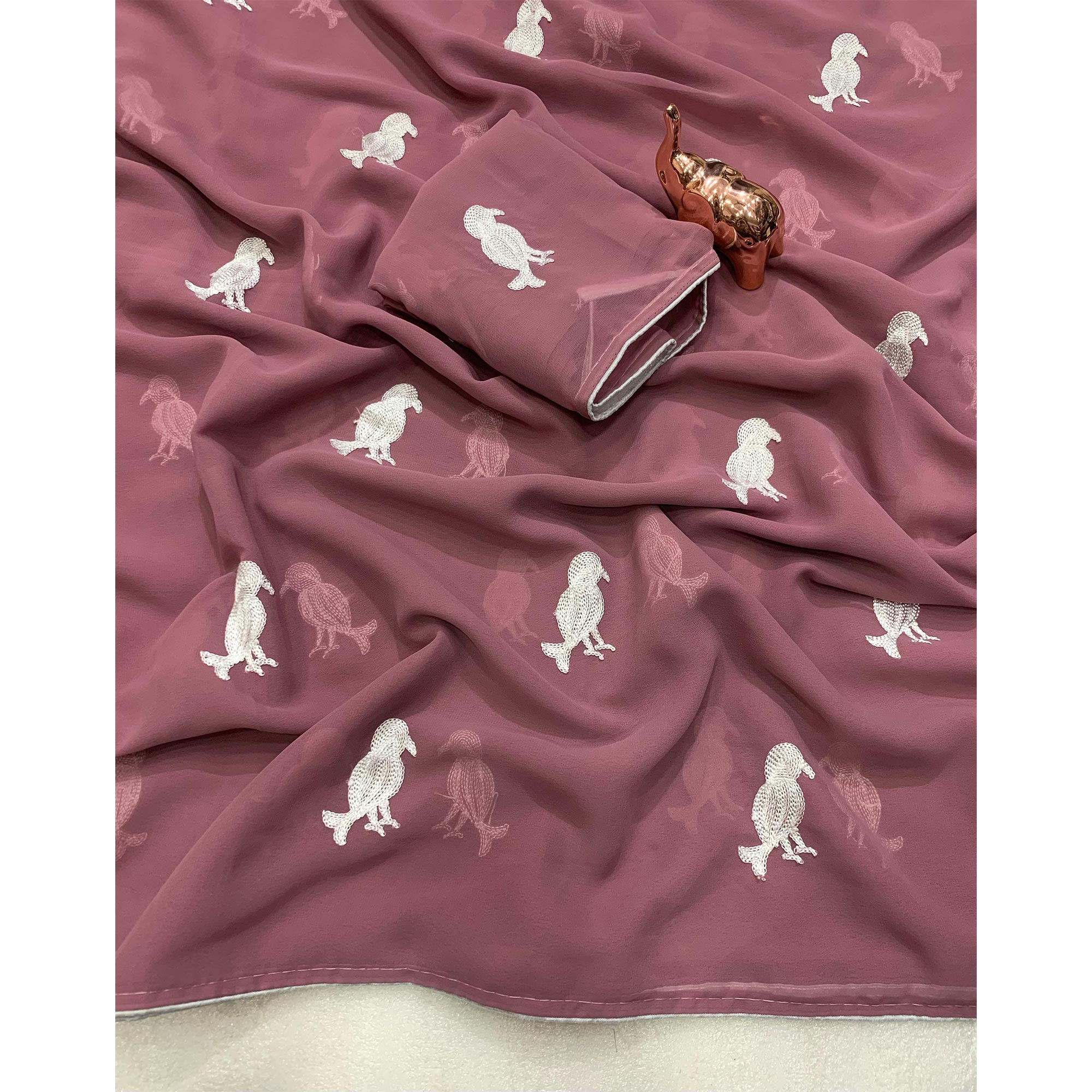Mauve Georgette Saree Adorned With Elegant Bird Embroidery