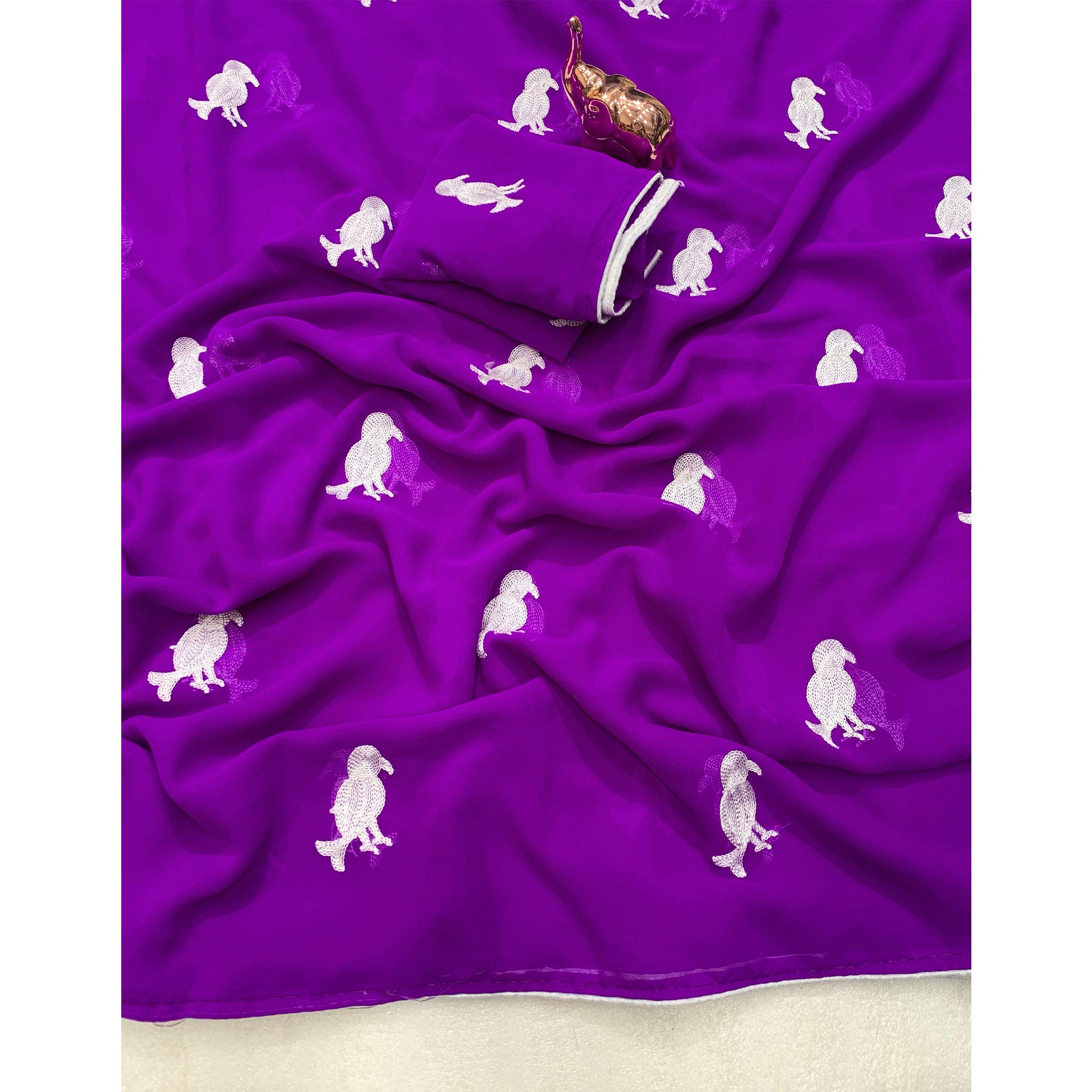 Purple Georgette Saree Adorned With Elegant Bird Embroidery