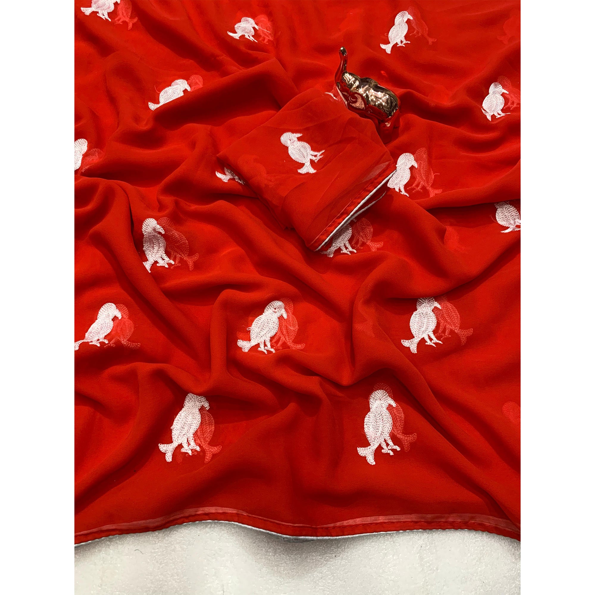 Red Georgette Saree Adorned With Elegant Bird Embroidery