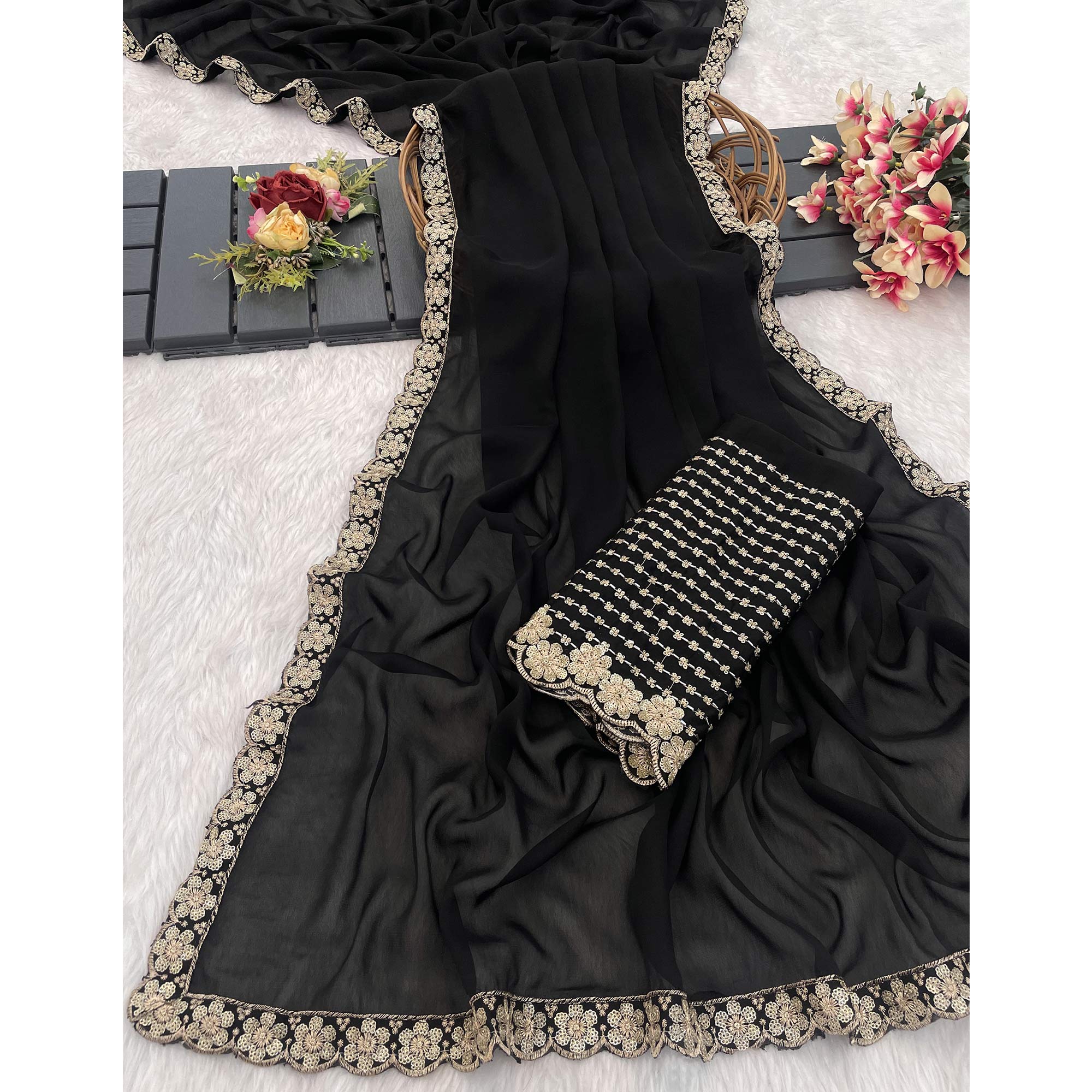 Black Solid Rangoli Art Silk Saree With Sequins Embroidered Border