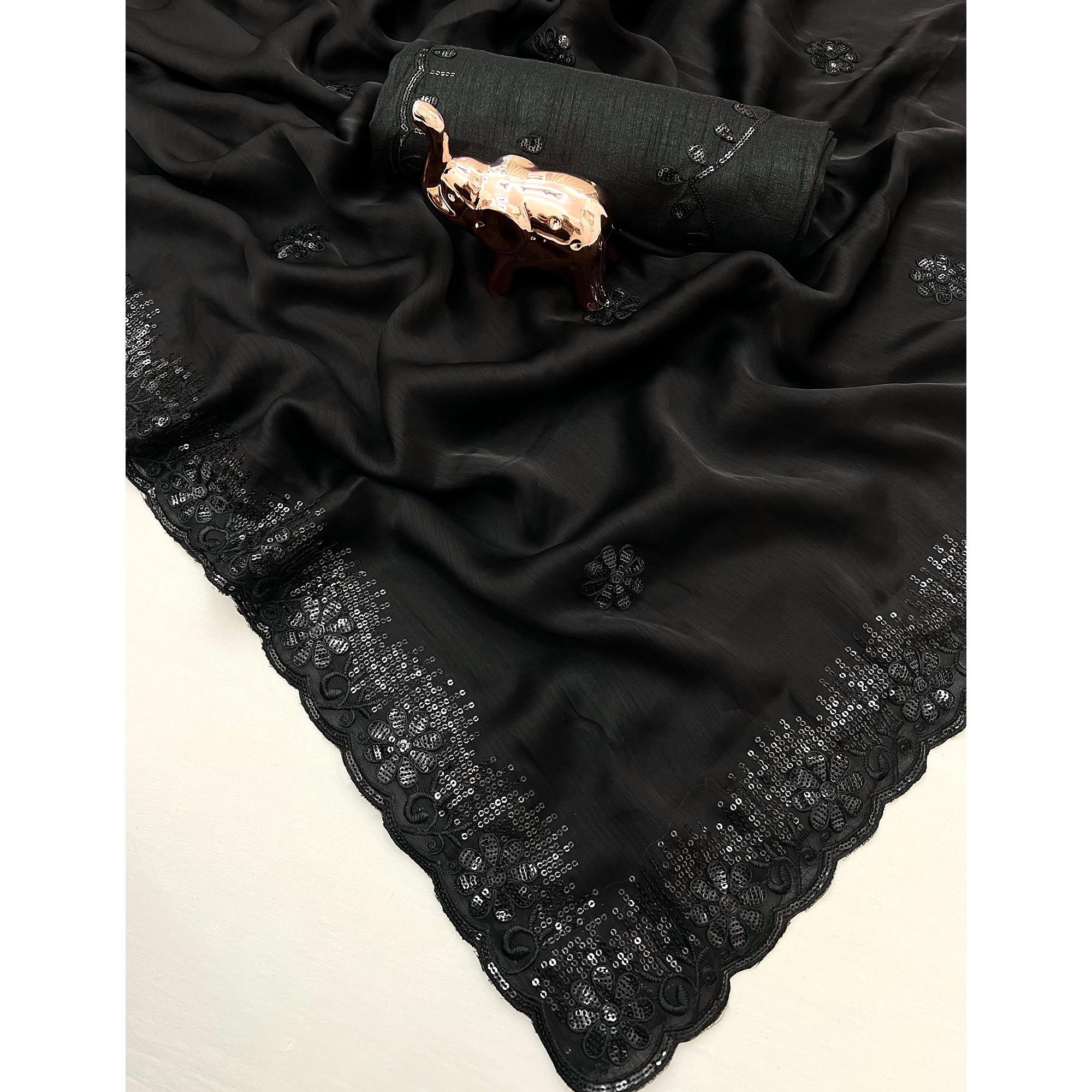 Lightweight Black Embroidered Saree with Shimmering Sequins on Chiffon