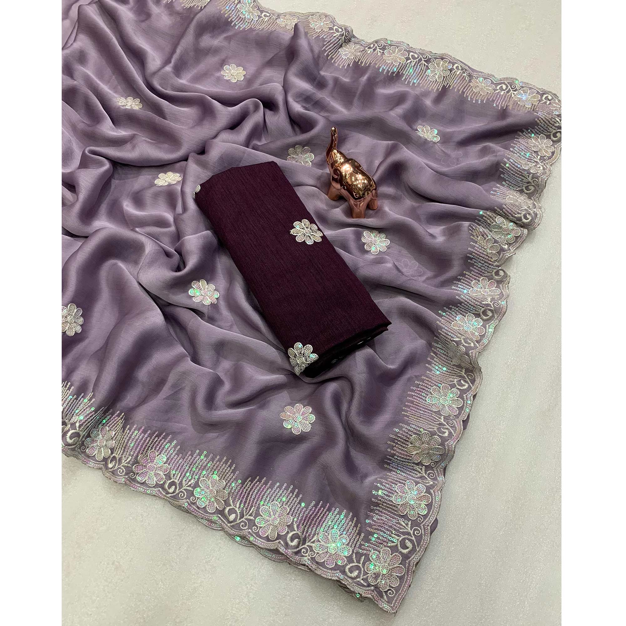 Lightweight Dusty Lavender Embroidered Saree with Shimmering Sequins on Chiffon