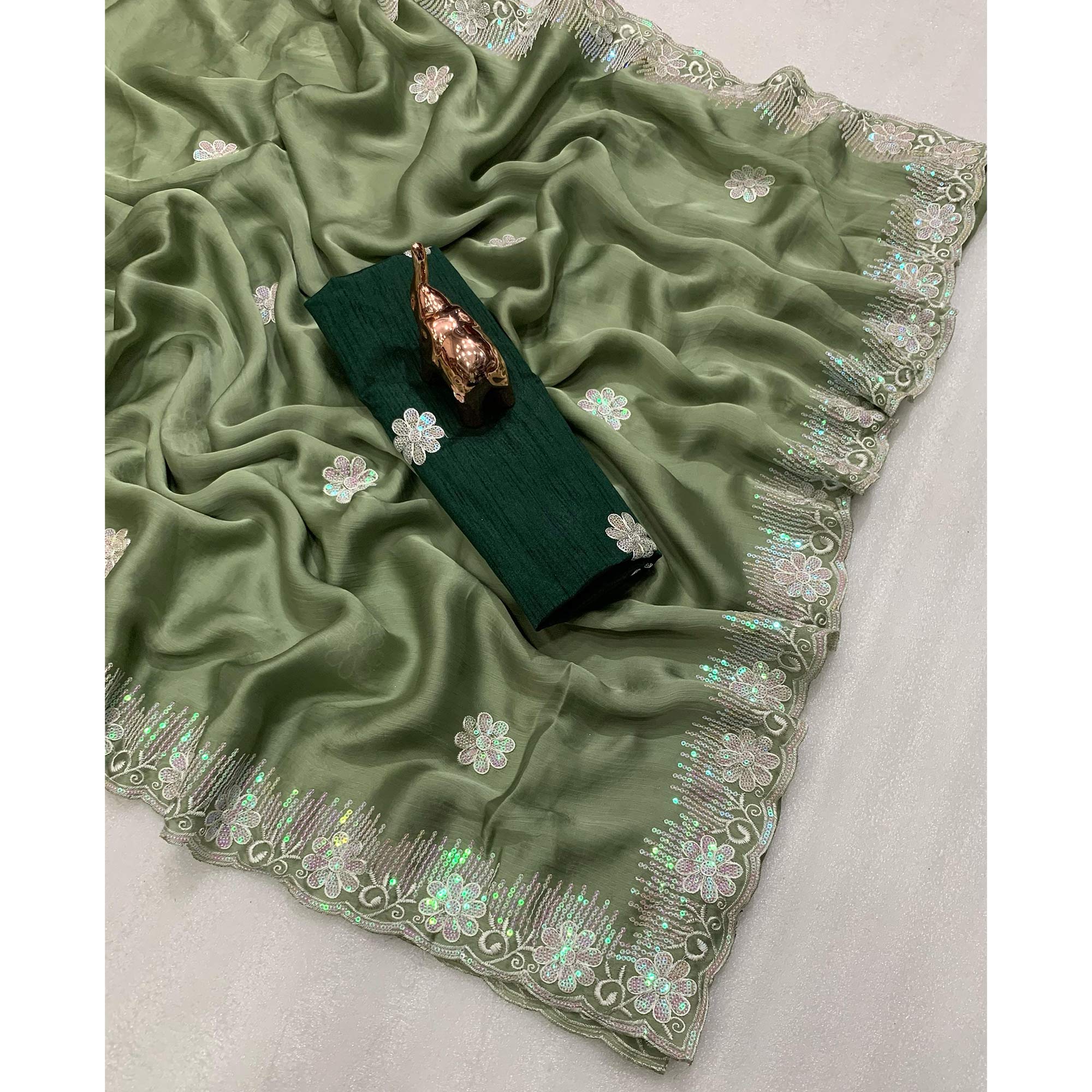 Lightweight Green Embroidered Saree with Shimmering Sequins on Chiffon