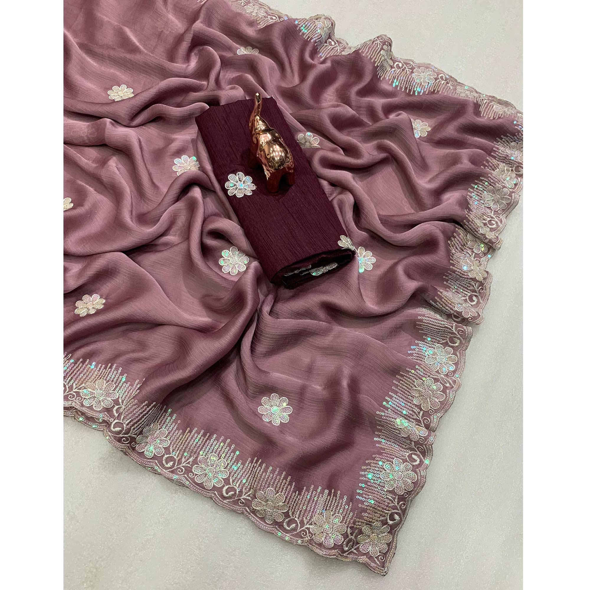 Lightweight Mauve Embroidered Saree with Shimmering Sequins on Chiffon