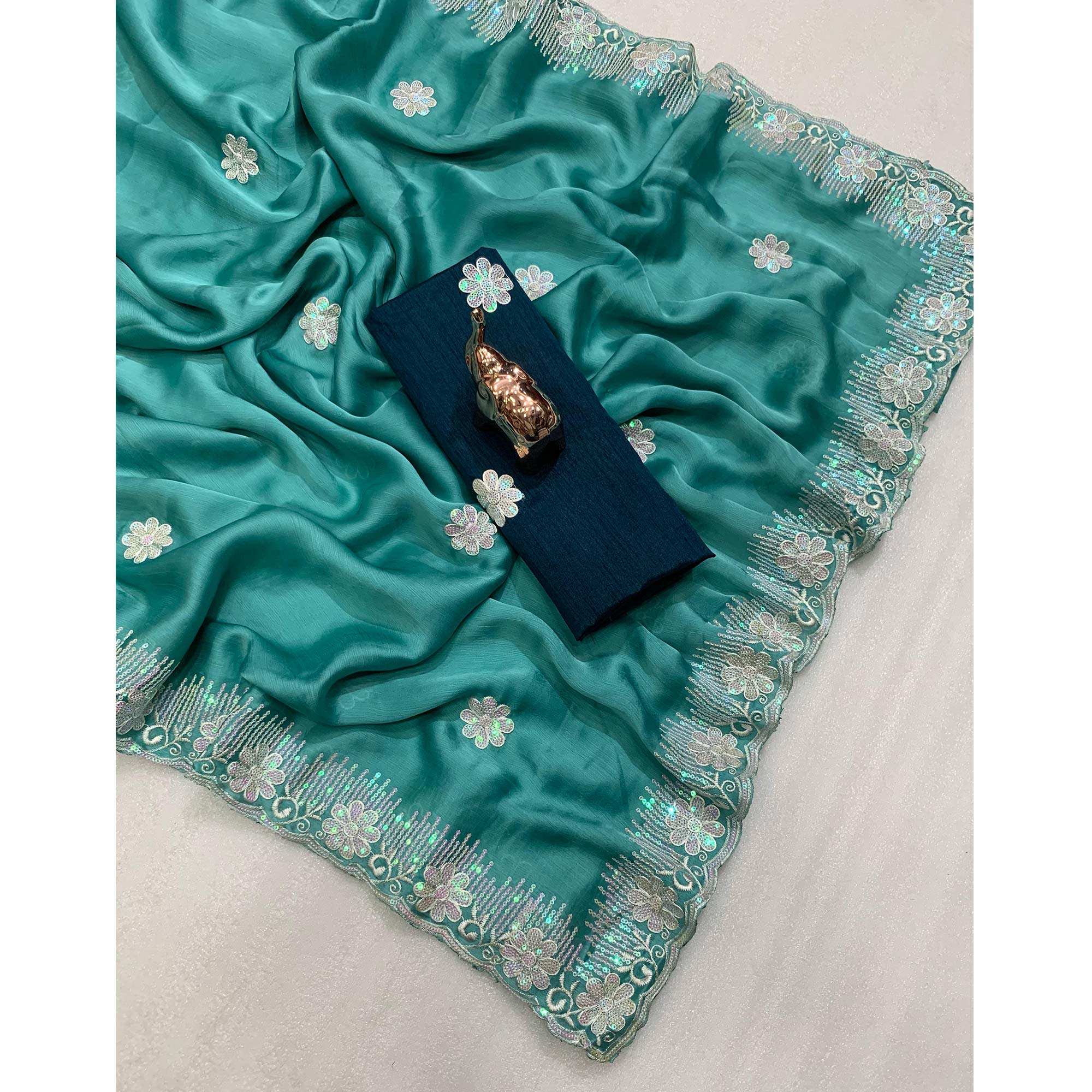 Lightweight Turquoise Embroidered Saree with Shimmering Sequins on Chiffon