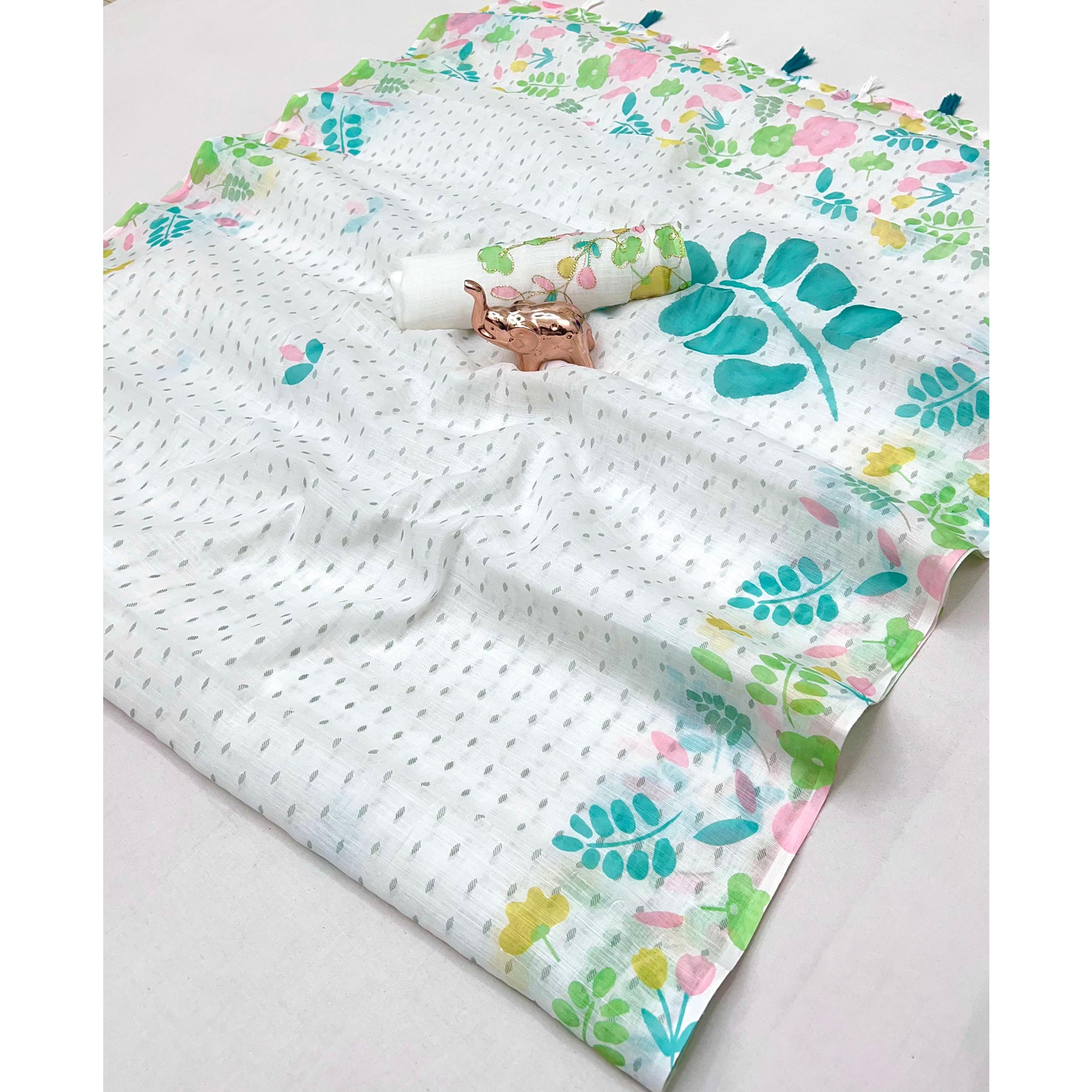 White Linen Cotton Saree with Intricate and Vibrant Digital Printed Designs