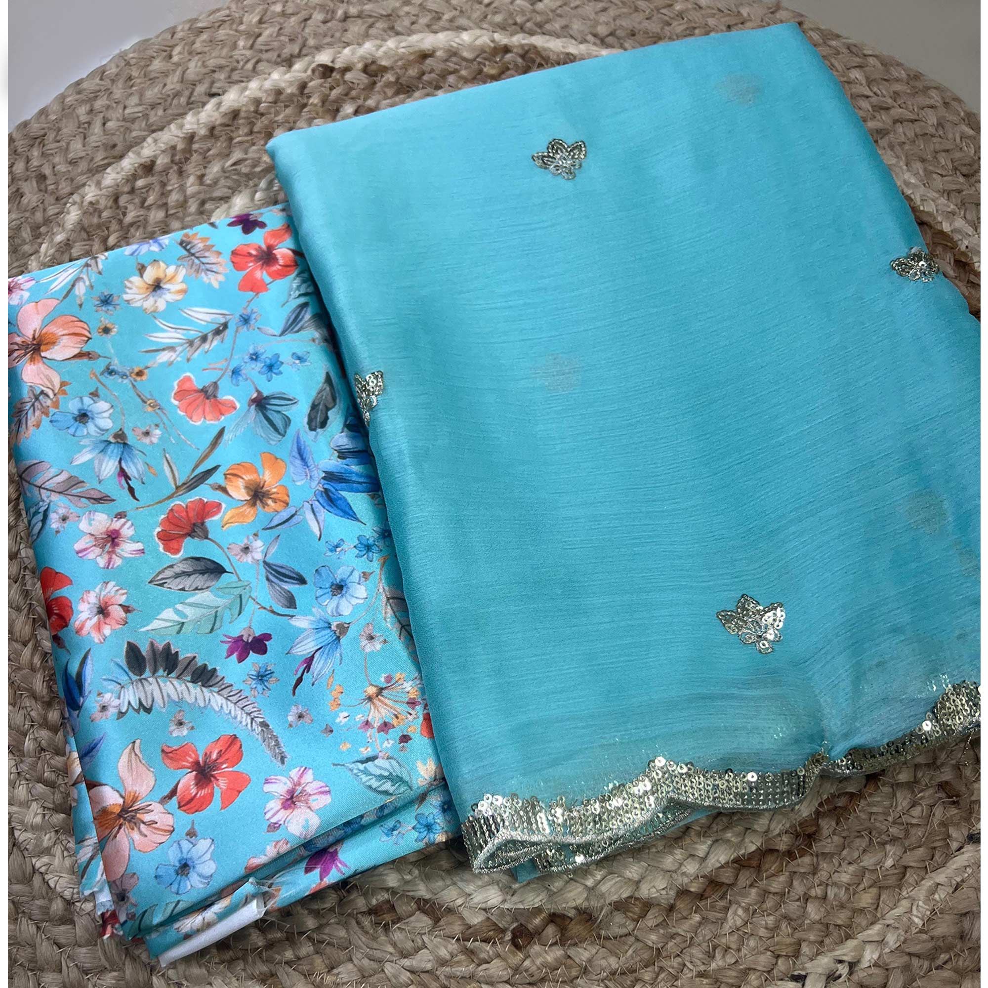 Blue Floral Sequins Embroidered Chiffon Saree