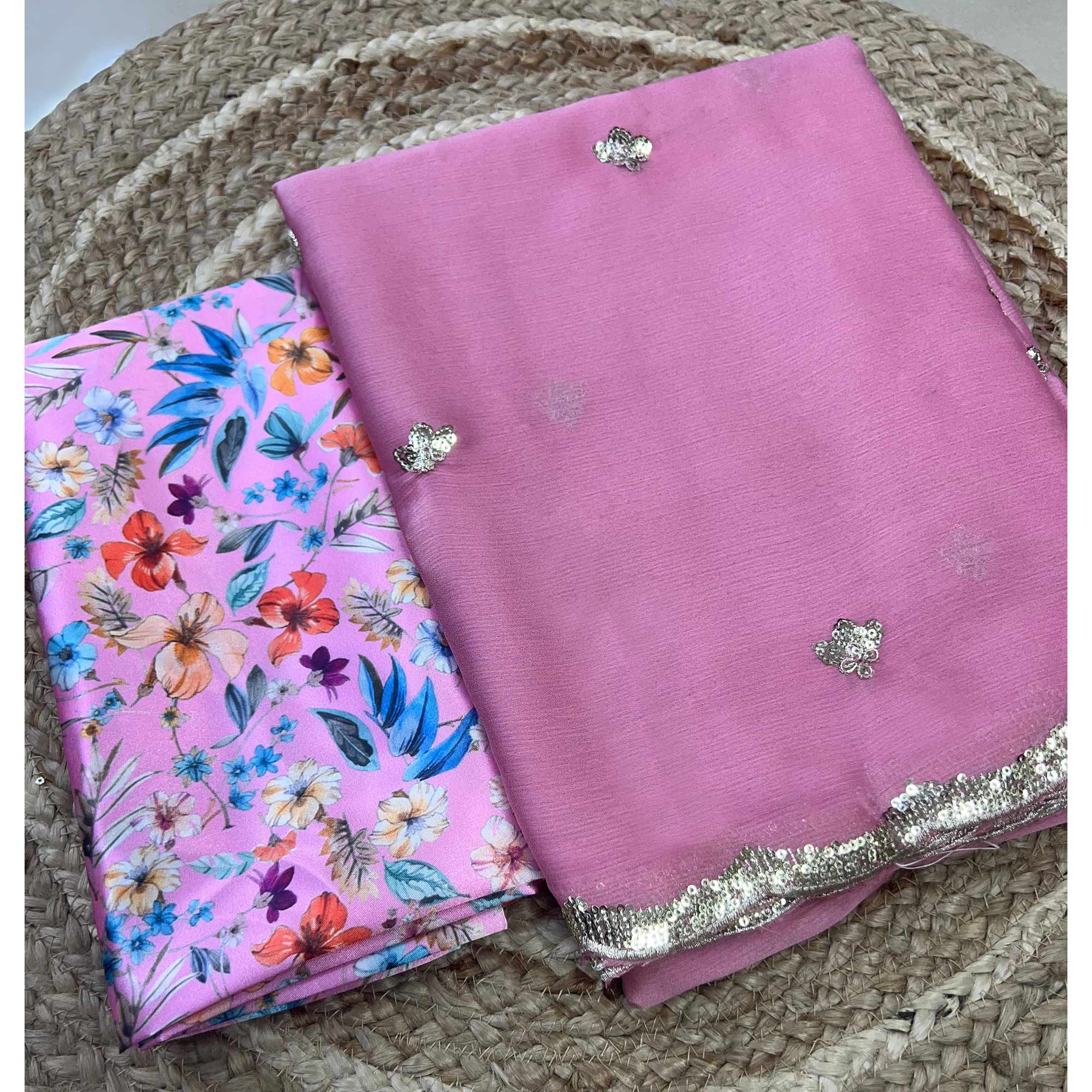 Pink Floral Sequins Embroidered Chiffon Saree