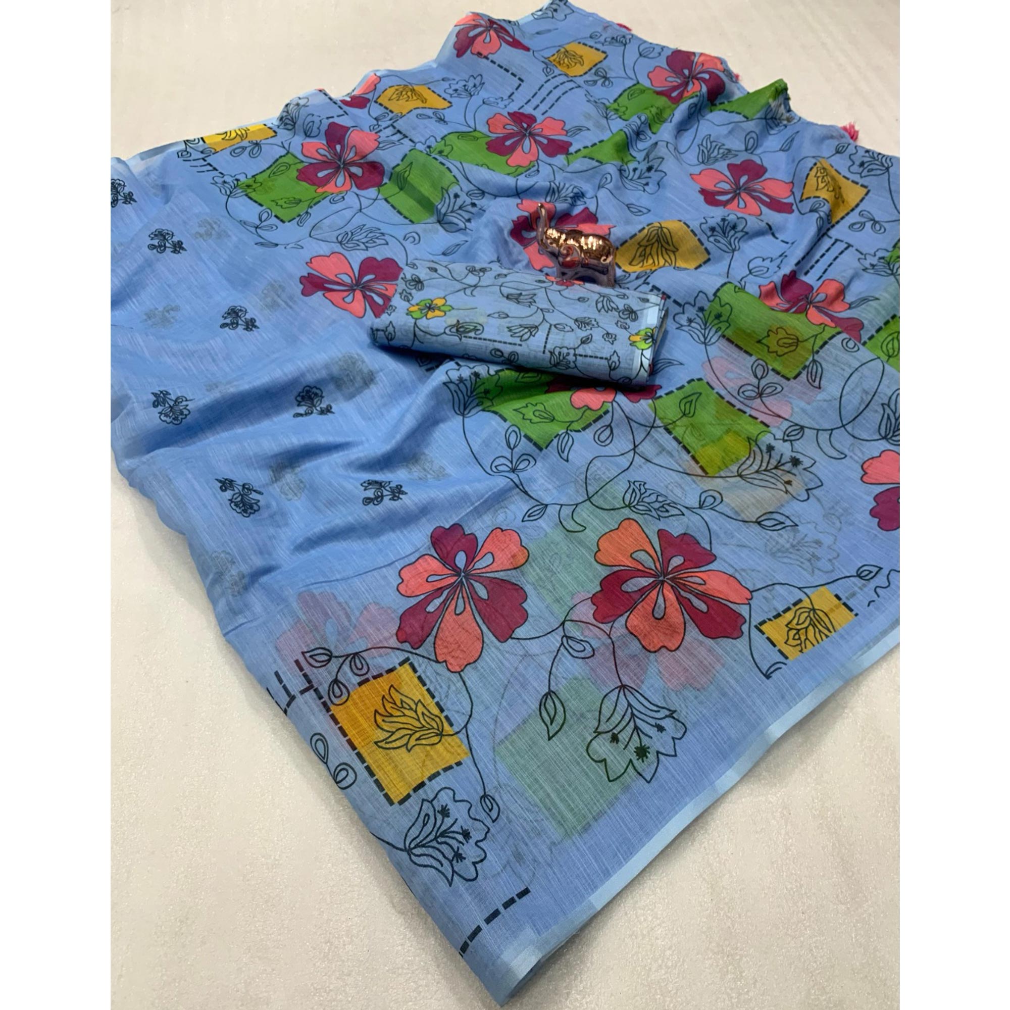 Blue Floral Printed Linen Saree With Elegant Tassel Border