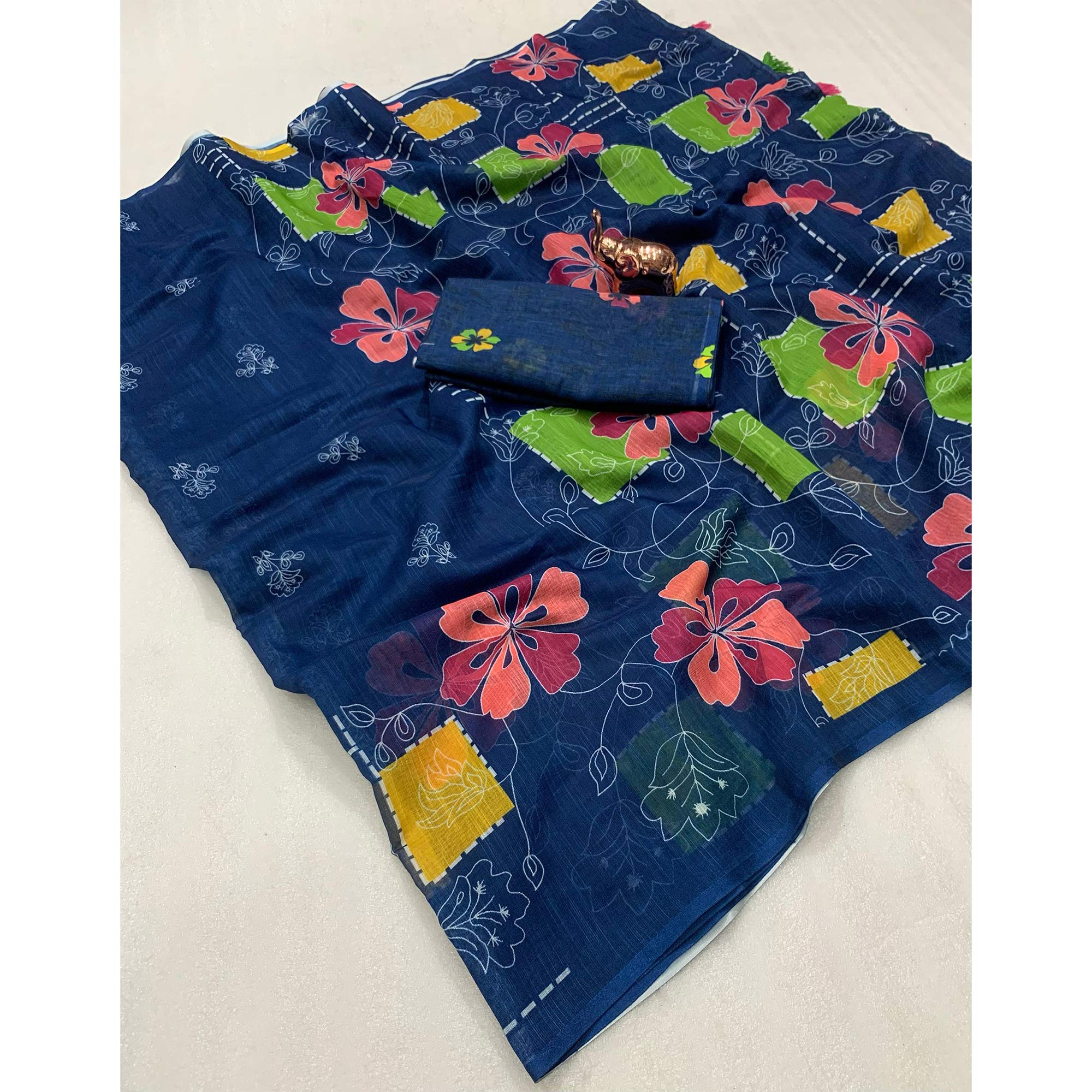 Navy Blue Floral Printed Linen Saree With Elegant Tassel Border