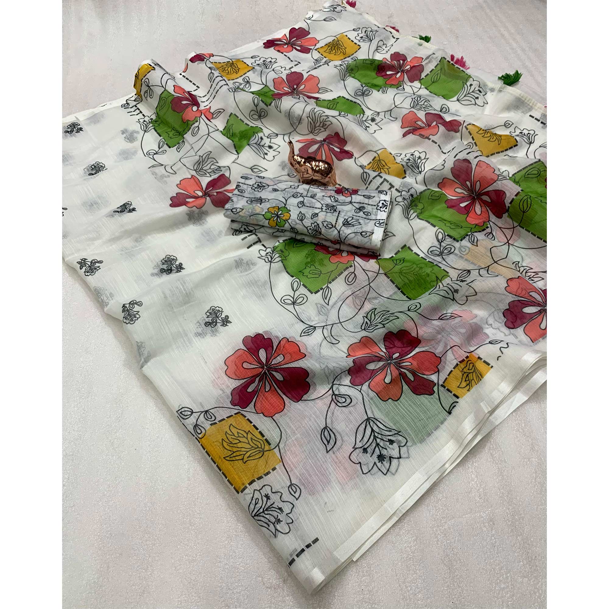 White Floral Printed Linen Saree With Elegant Tassel Border